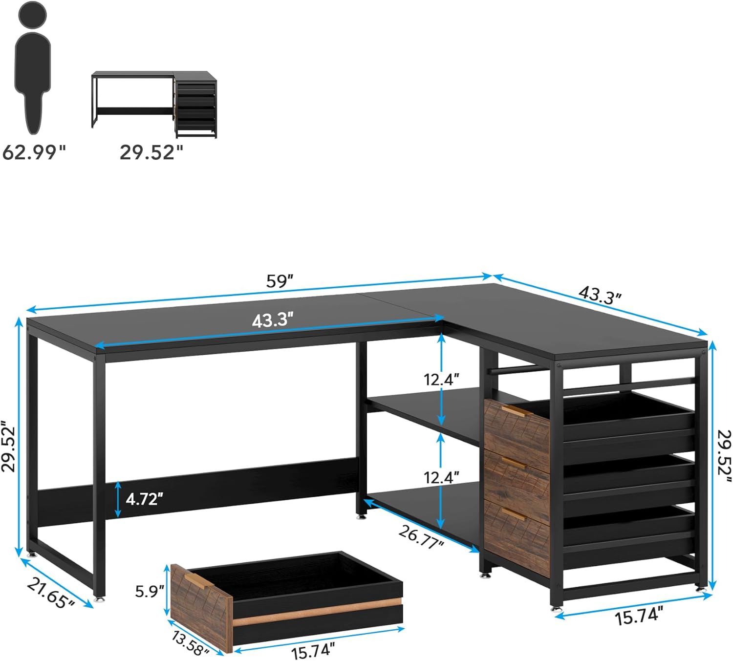 150 cm L-vormig Bureau, Met 4 Laden en 2 Planken voor Kantoor en Werkkamer