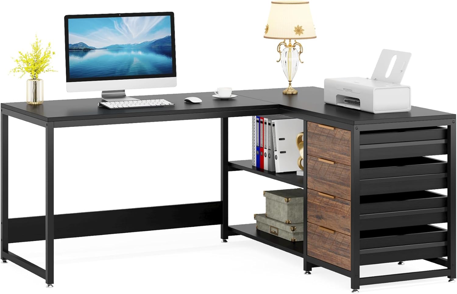 150 cm L-vormig Bureau, Met 4 Laden en 2 Planken voor Kantoor en Werkkamer