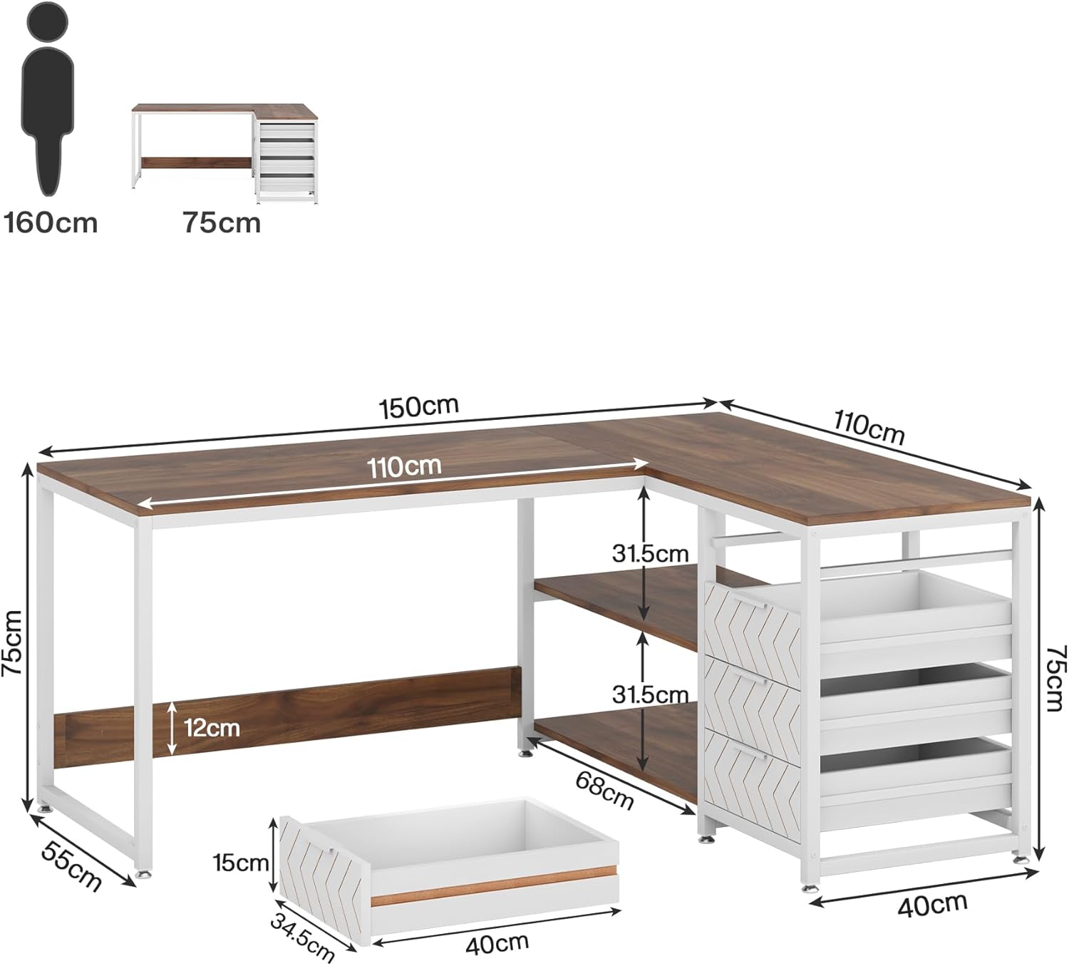 150 cm L-vormig Bureau, Met 4 Laden en 2 Planken voor Kantoor en Werkkamer