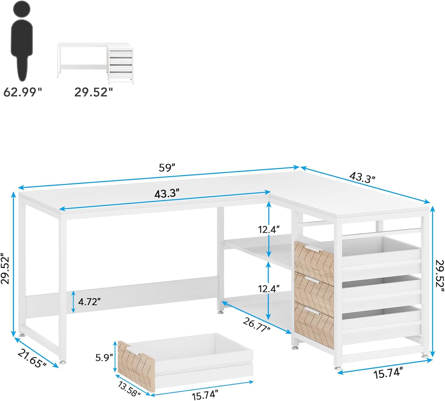 150 cm L-vormig Bureau, Met 4 Laden en 2 Planken voor Kantoor en Werkkamer