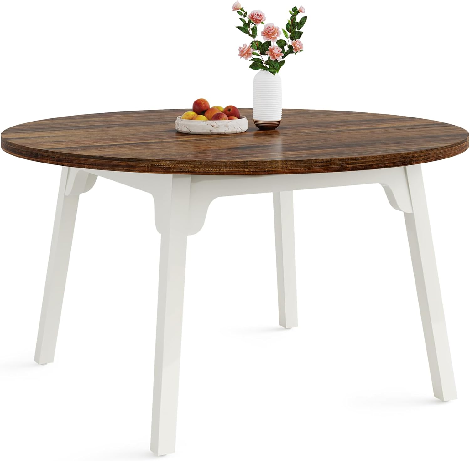 120 cm Ronde industriële eettafel voor 4-6 personen, Bruin met witte blad en massief houten poten
