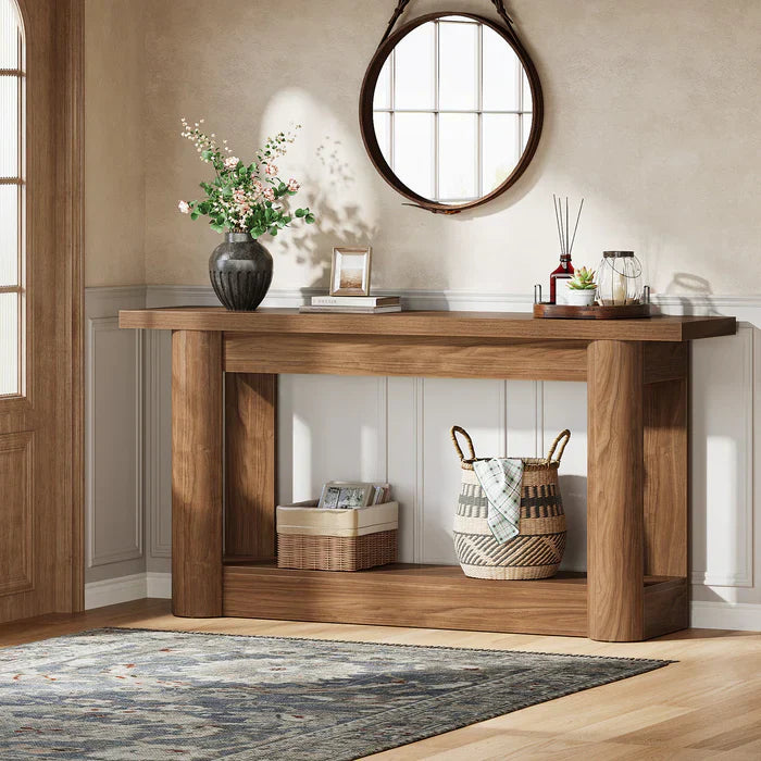 160 cm Landelijke Console met 2 Planken, Smalle Lange Salontafel in Rustiek Bruin voor Hal en Entree