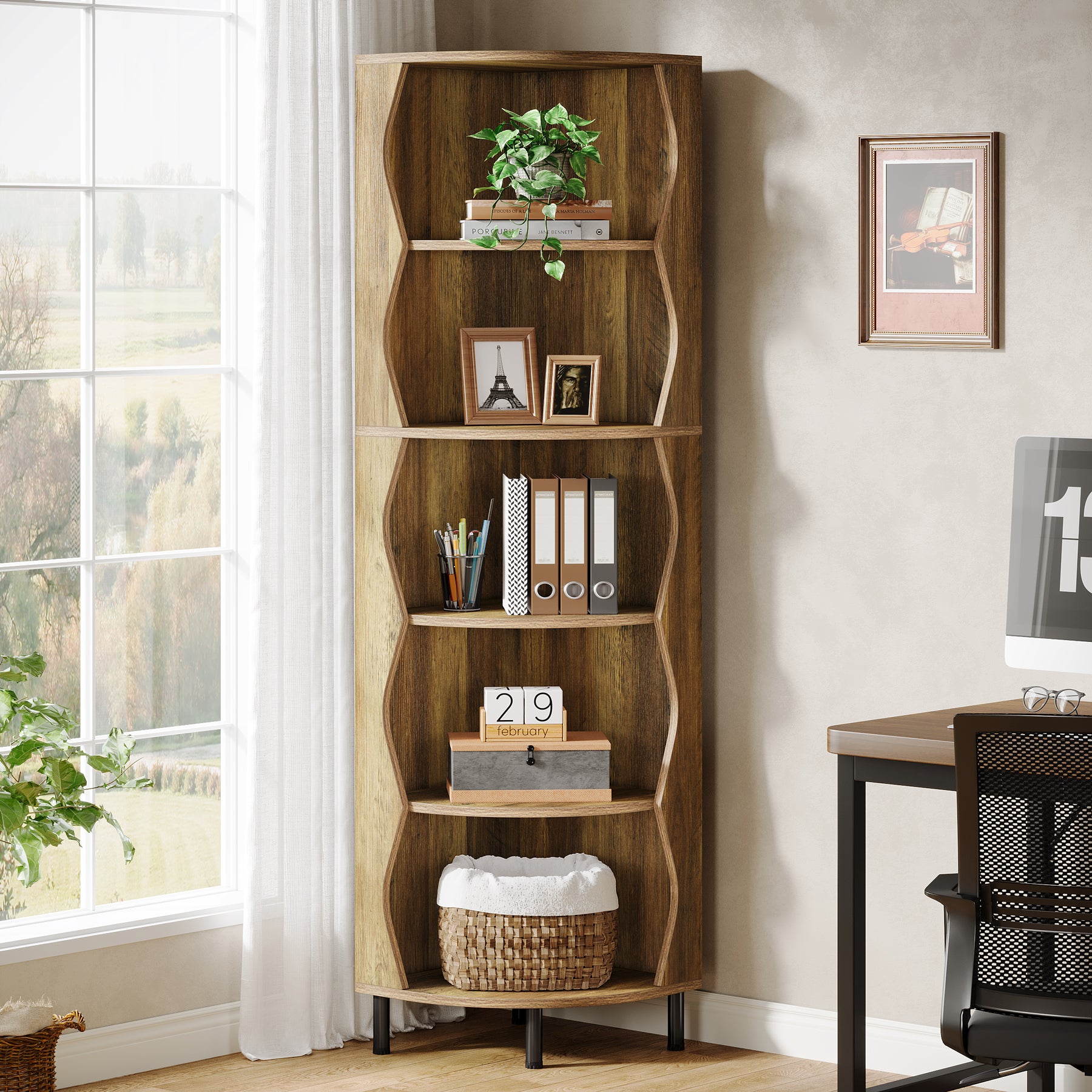 182 cm Hoge Hoekkast, Vijfplanken Opbergmeubel voor Woonkamer en Slaapkamer