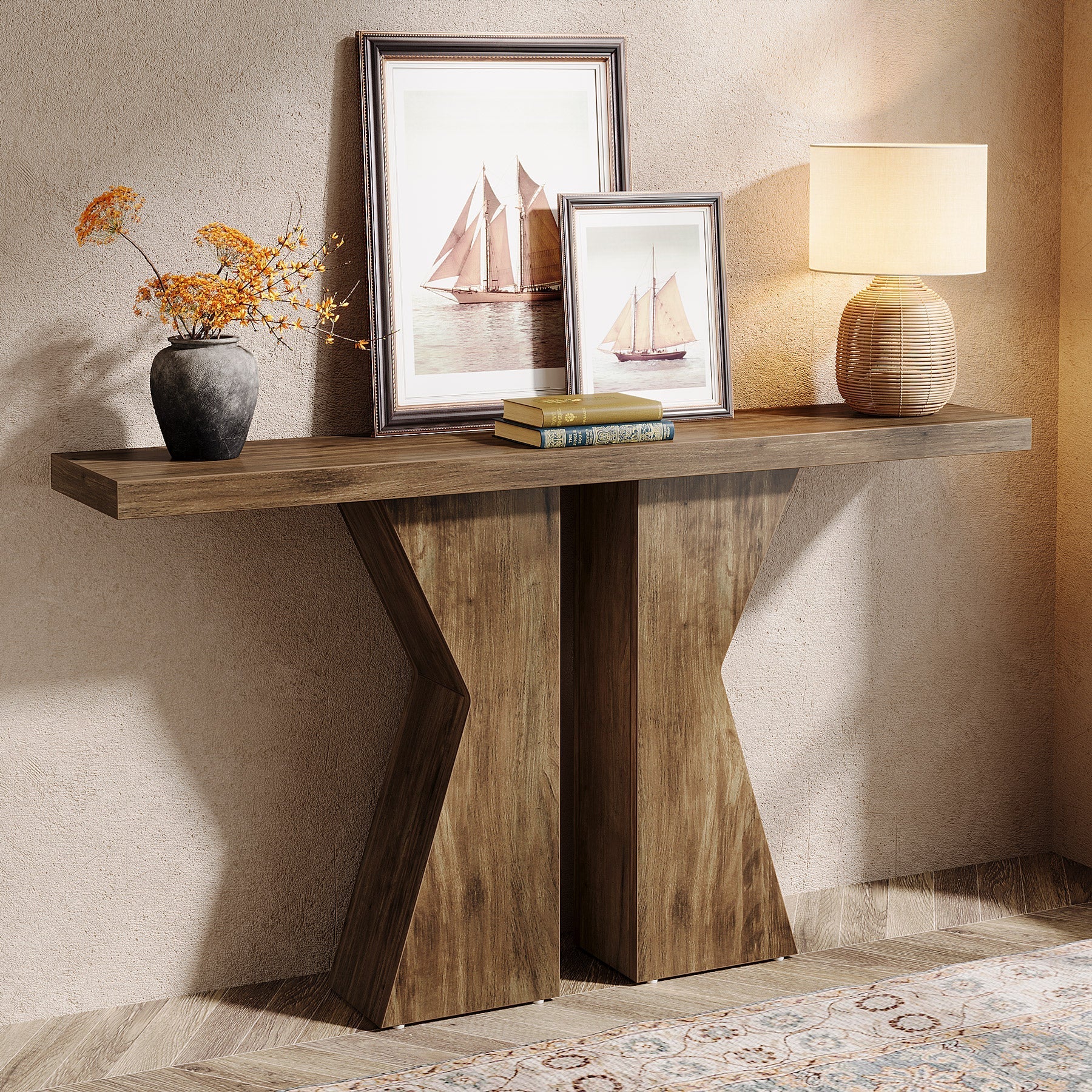 140 cm Boerenstijl Entreetafel, K-Vormig Frame voor Woonkamer en Hal in Rustiek Bruin