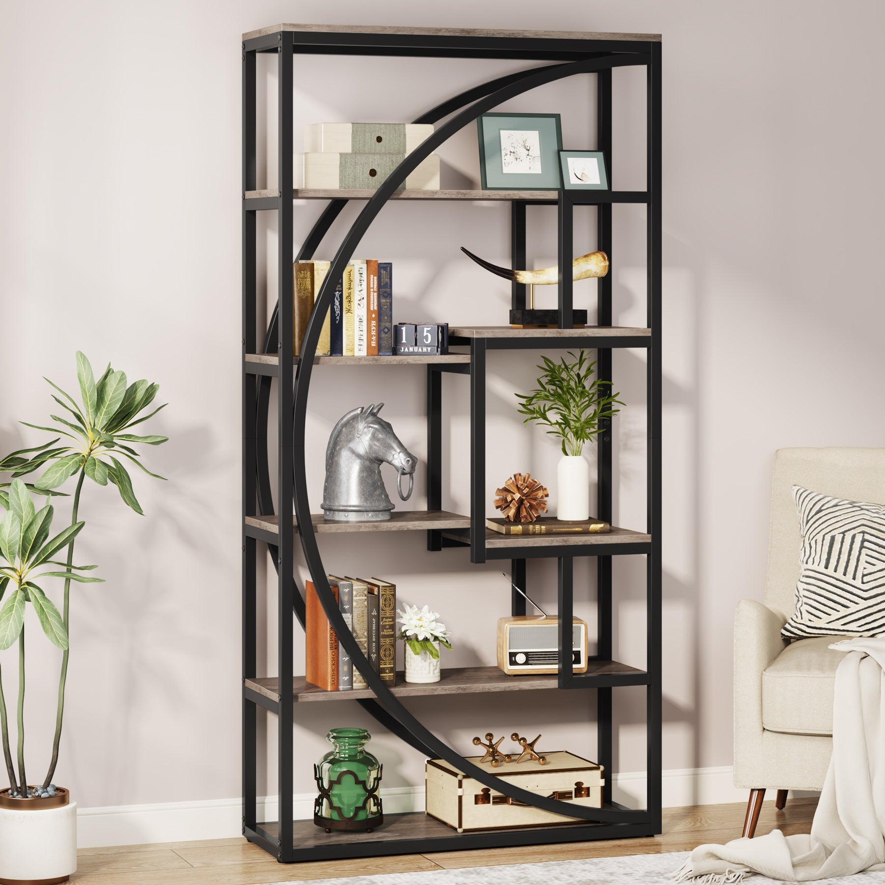 180 cm Hoge Industriële Boekenkast, 5 Planken Met 8 Open Opbergvakken voor Woonkamer en Kantoor