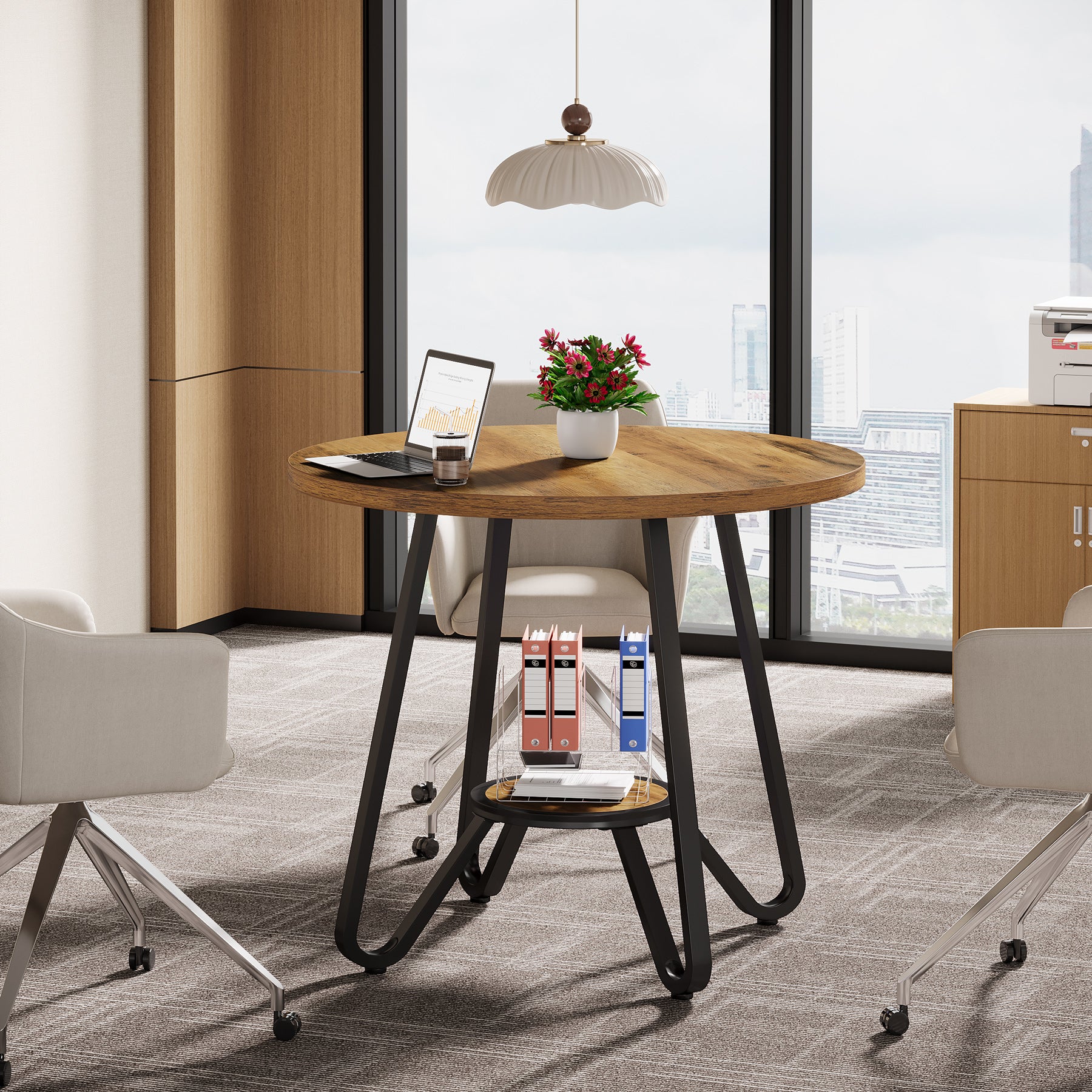 80 x 80 x 75 cm Ronde Conferentietafel voor 2-4 Personen, Compacte Houten Kantoortafel Bruin