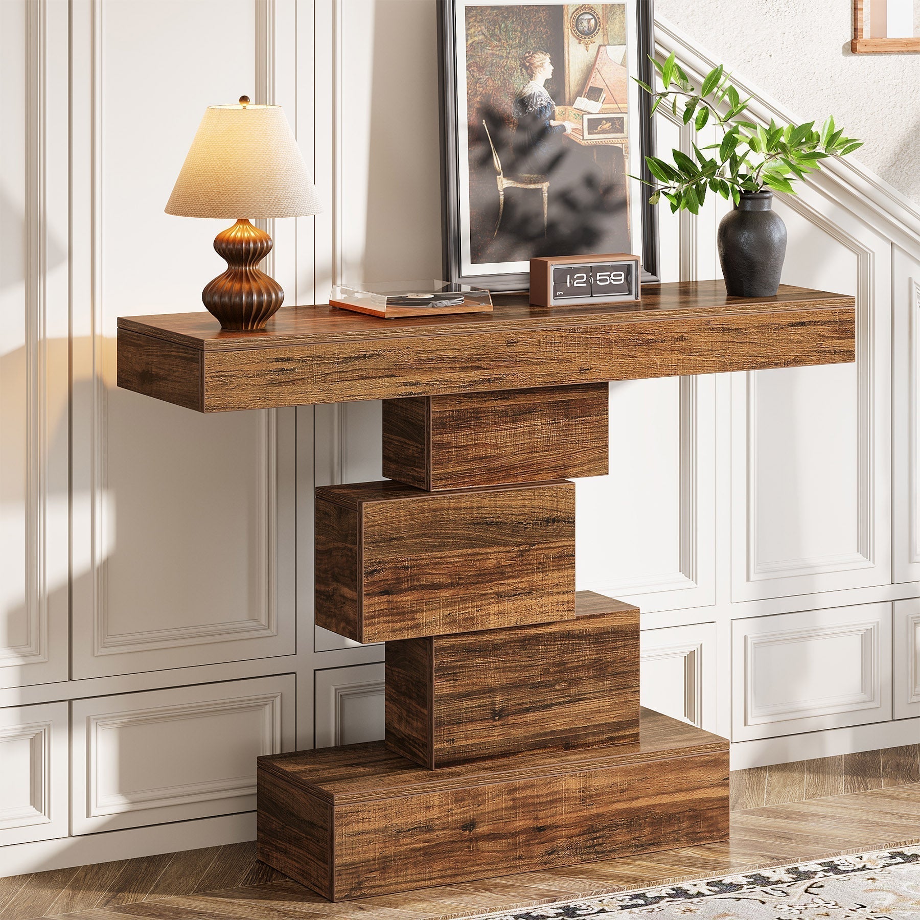 108 cm Landelijke Console, Industriële Bijzettafel met Geometrische Basis voor Hal en Woonkamer