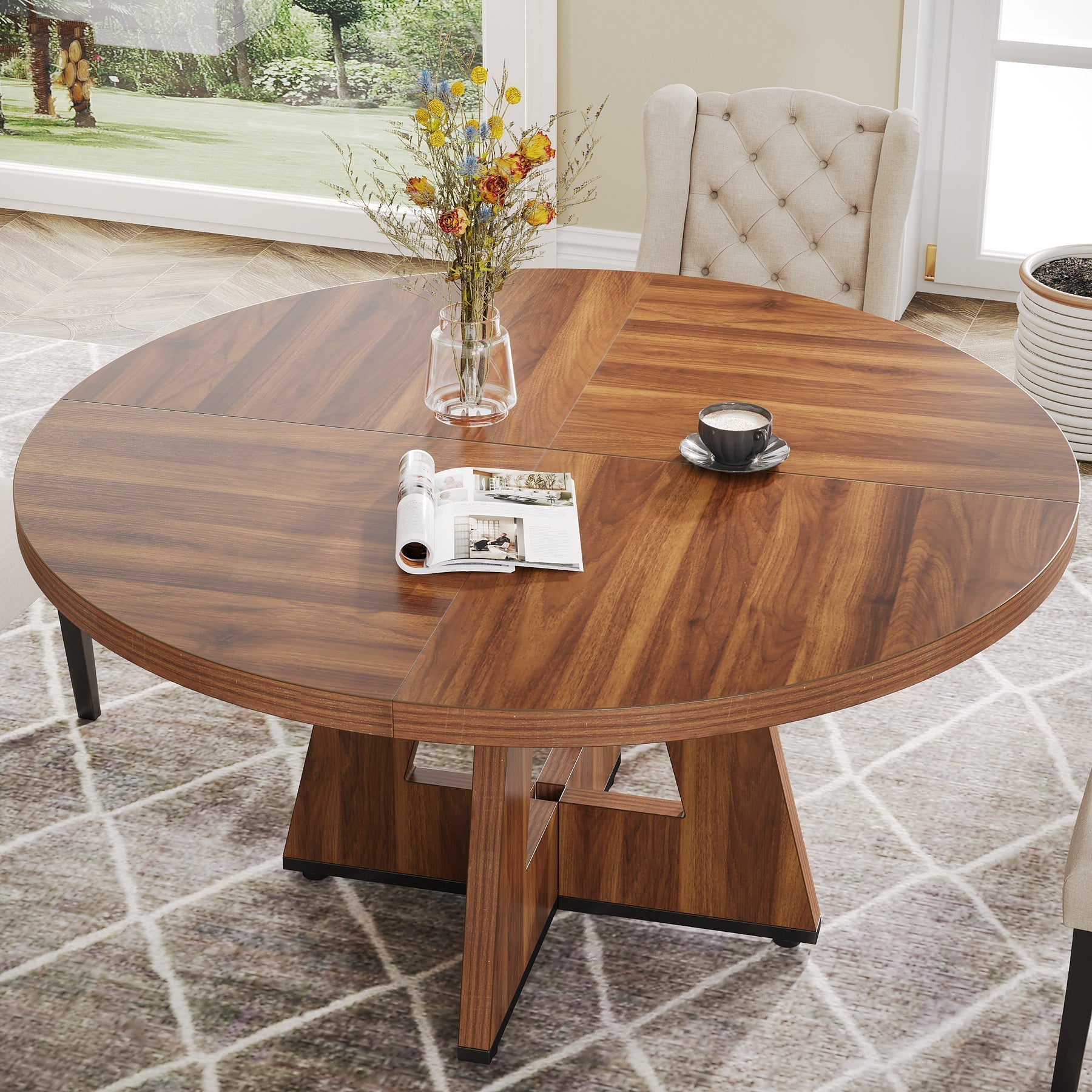 120 cm Ronde Boeren Eettafel, Bruin Houten Tafelblad voor 4 Personen in Keuken of Woonkamer