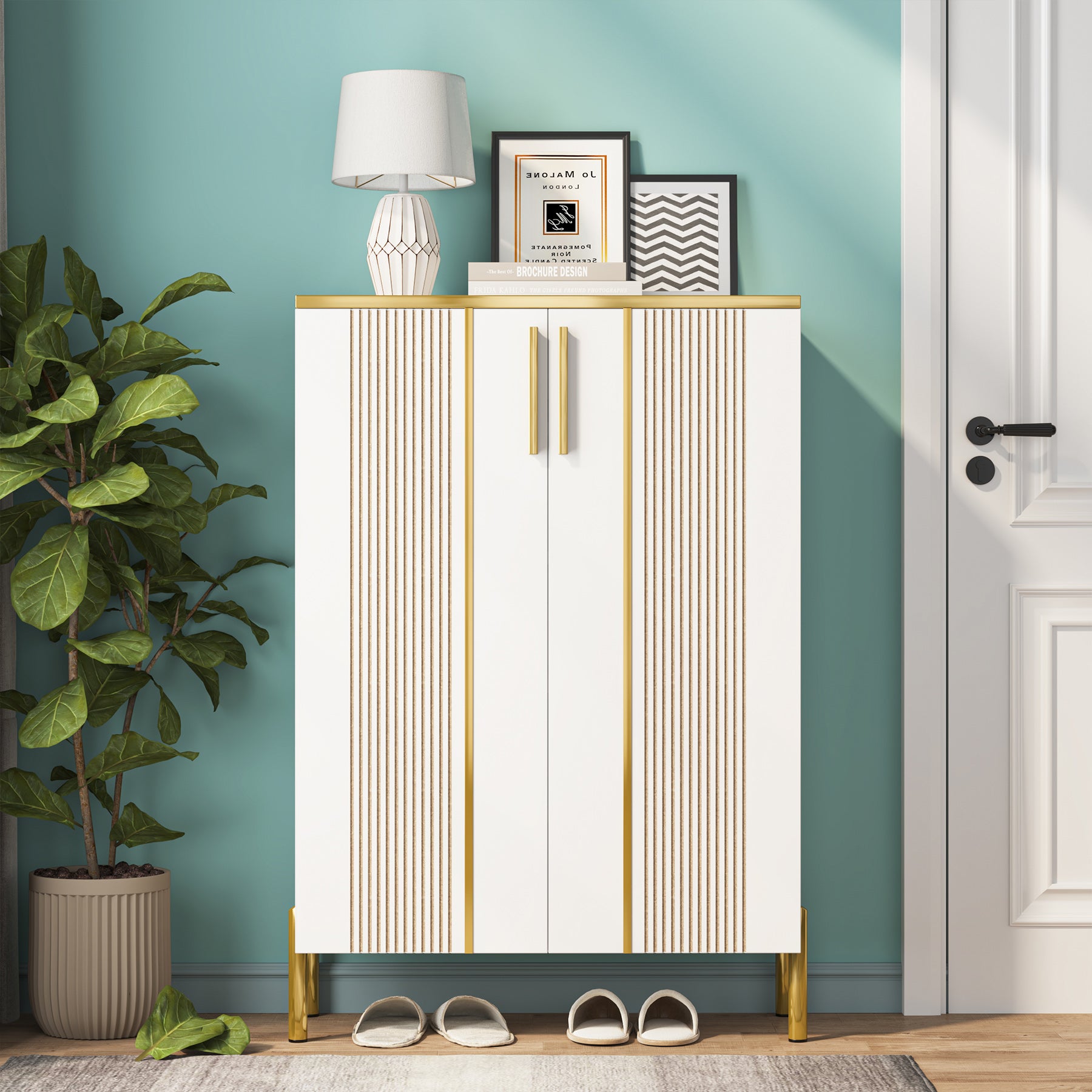 120 cm Hoge Schoenenkast, Witte Opbergmeubel met Zes Planken en Gouden Accenten