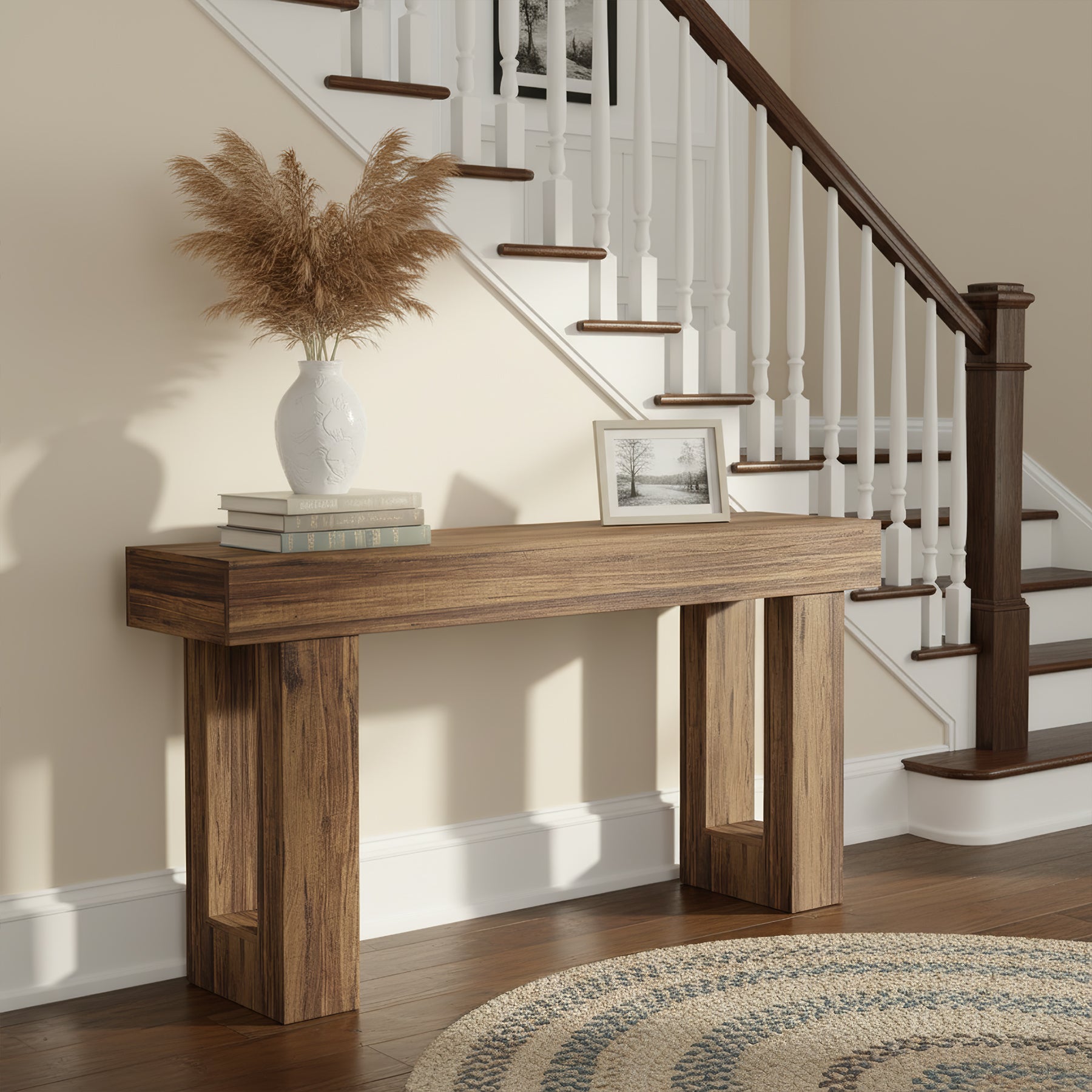 160 cm Landelijke Consoletafel met Massief Houten Poten, Houten Sofa-tafel voor Hal en Woonkamer