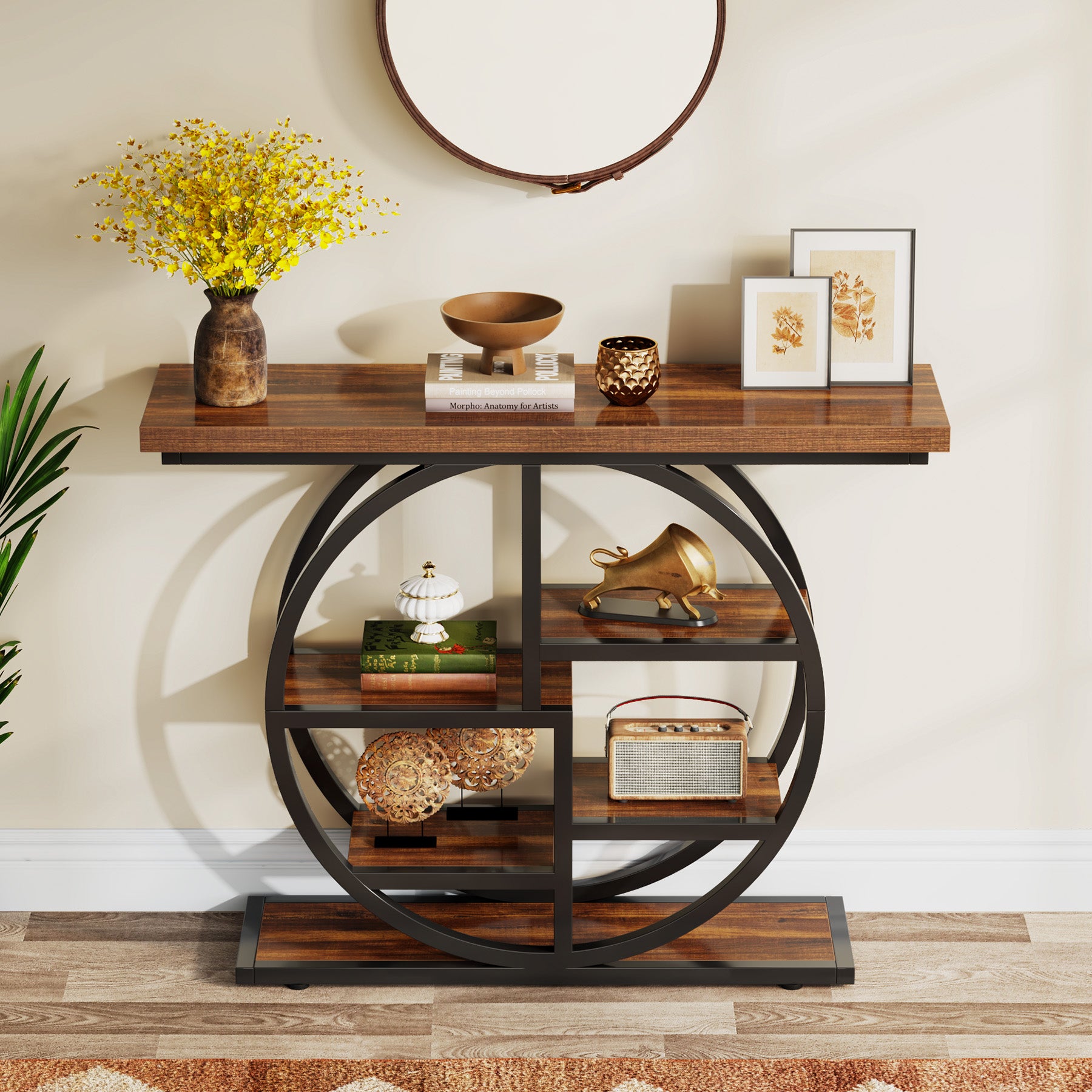 105 cm Industriële Console, 6 Etages met Rond Onderstel en Opbergplanken