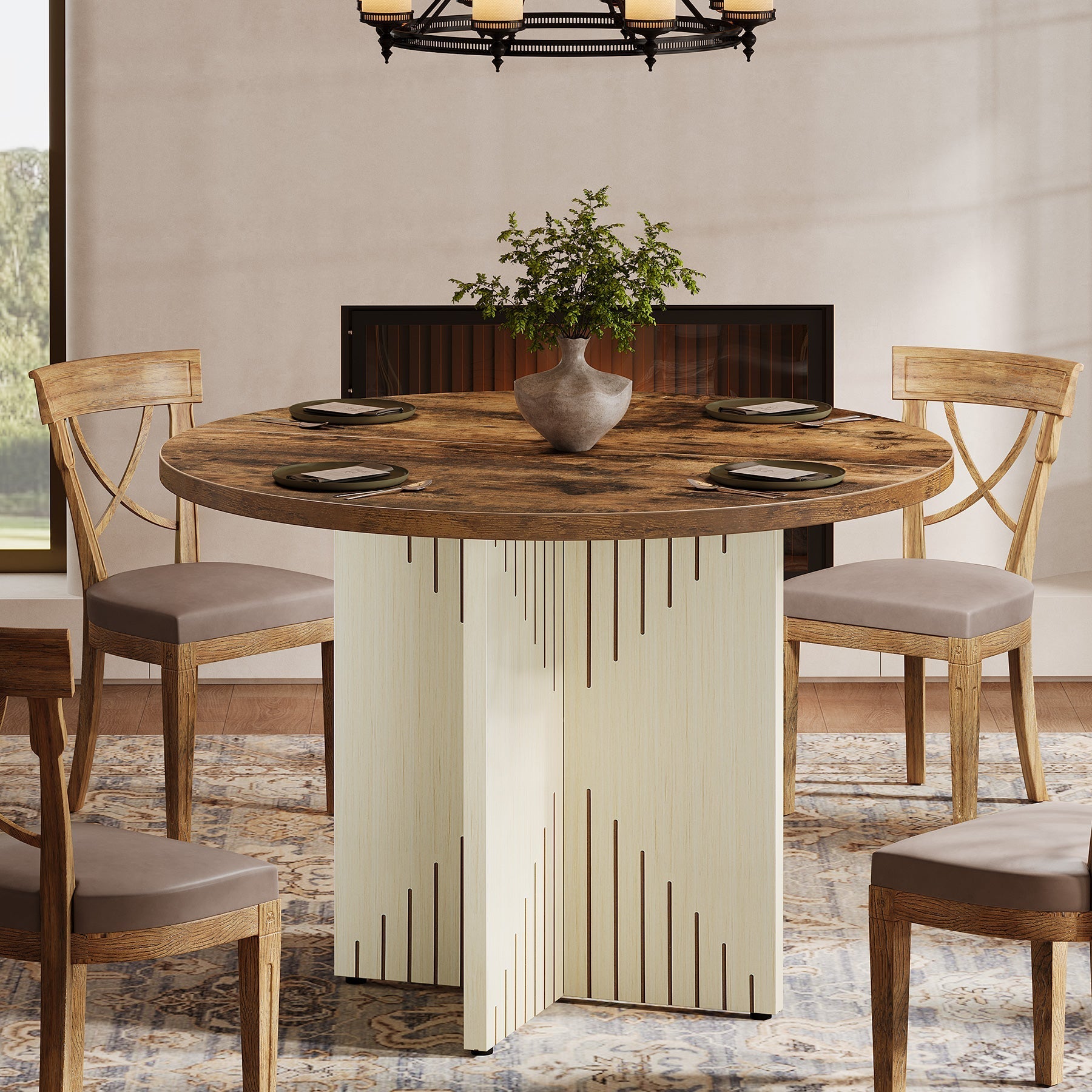 100 cm Ronde Eettafel, Vierpersoons Houten Tafel voor Keuken en Woonkamer