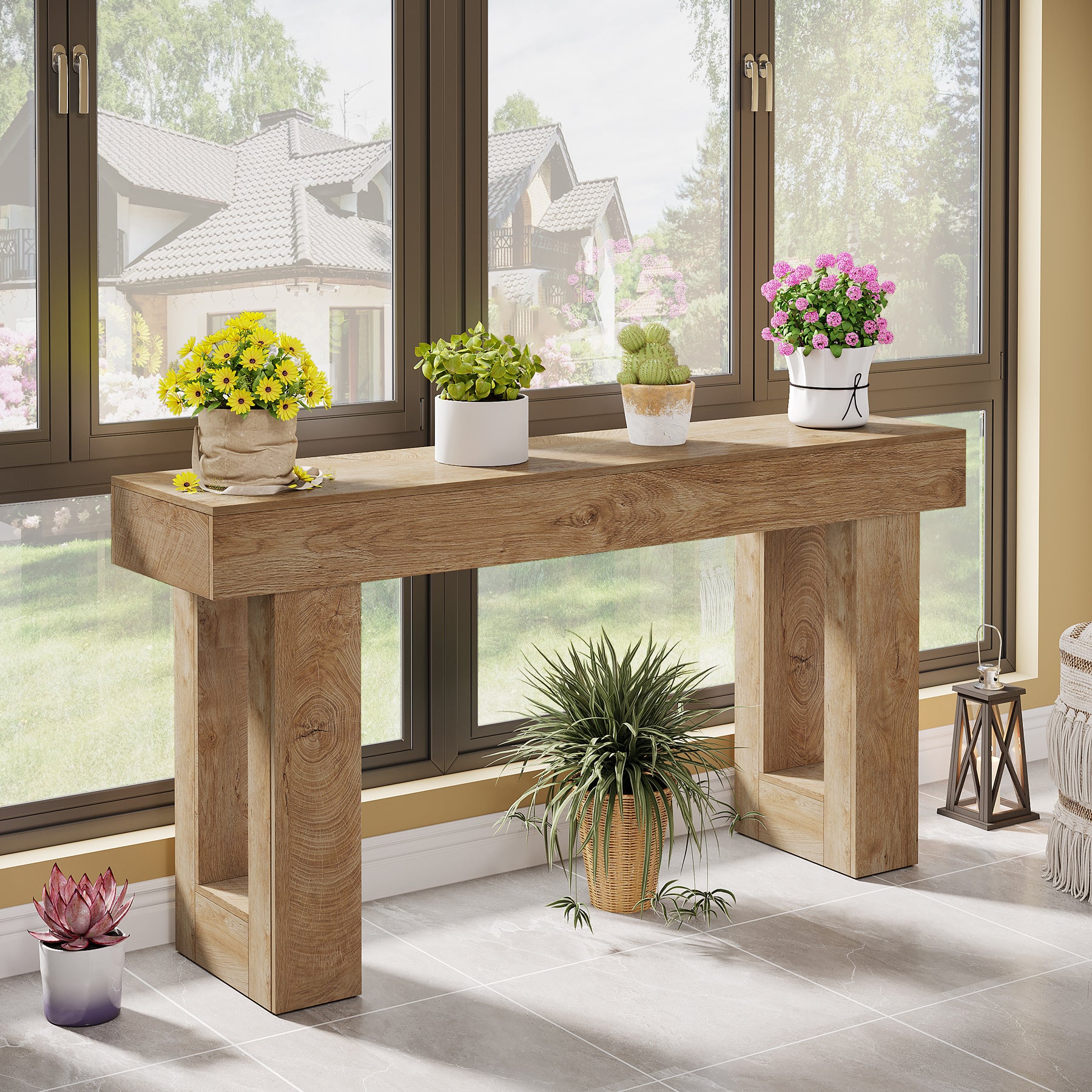 160 cm Landelijke Consoletafel, Natuurhouten Salontafel voor Hal en Woonkamer