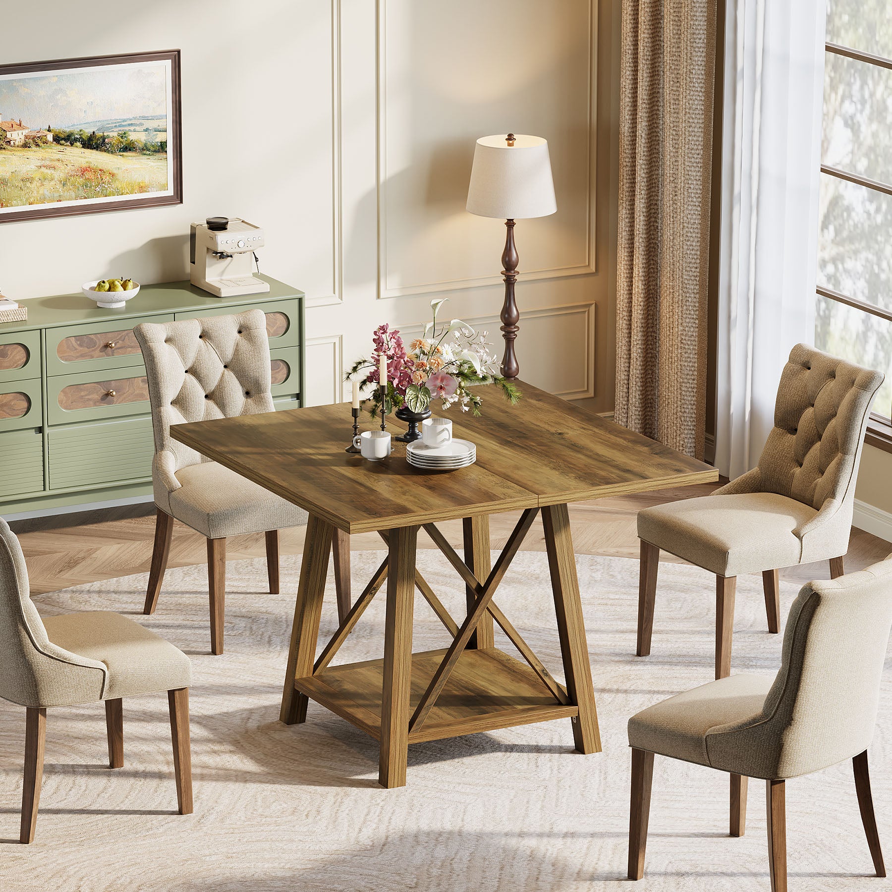 Vierkante eettafel voor 4 personen met opbergvak, landelijke keukentafel voor eetkamer en woonkamer