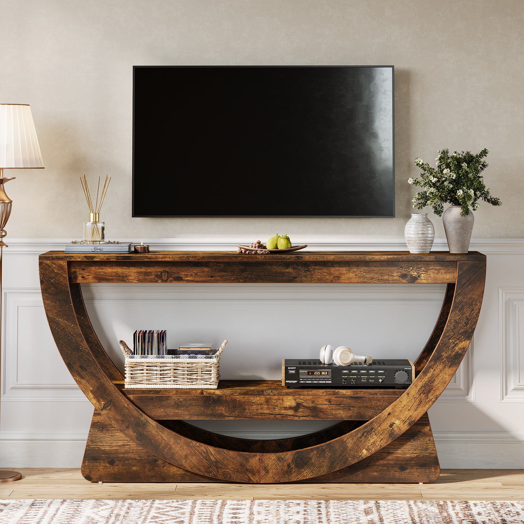 160 cm TV-meubel voor 75 inch TV's, Landelijke Houten Mediaconsole met Open Gewelfde Plank