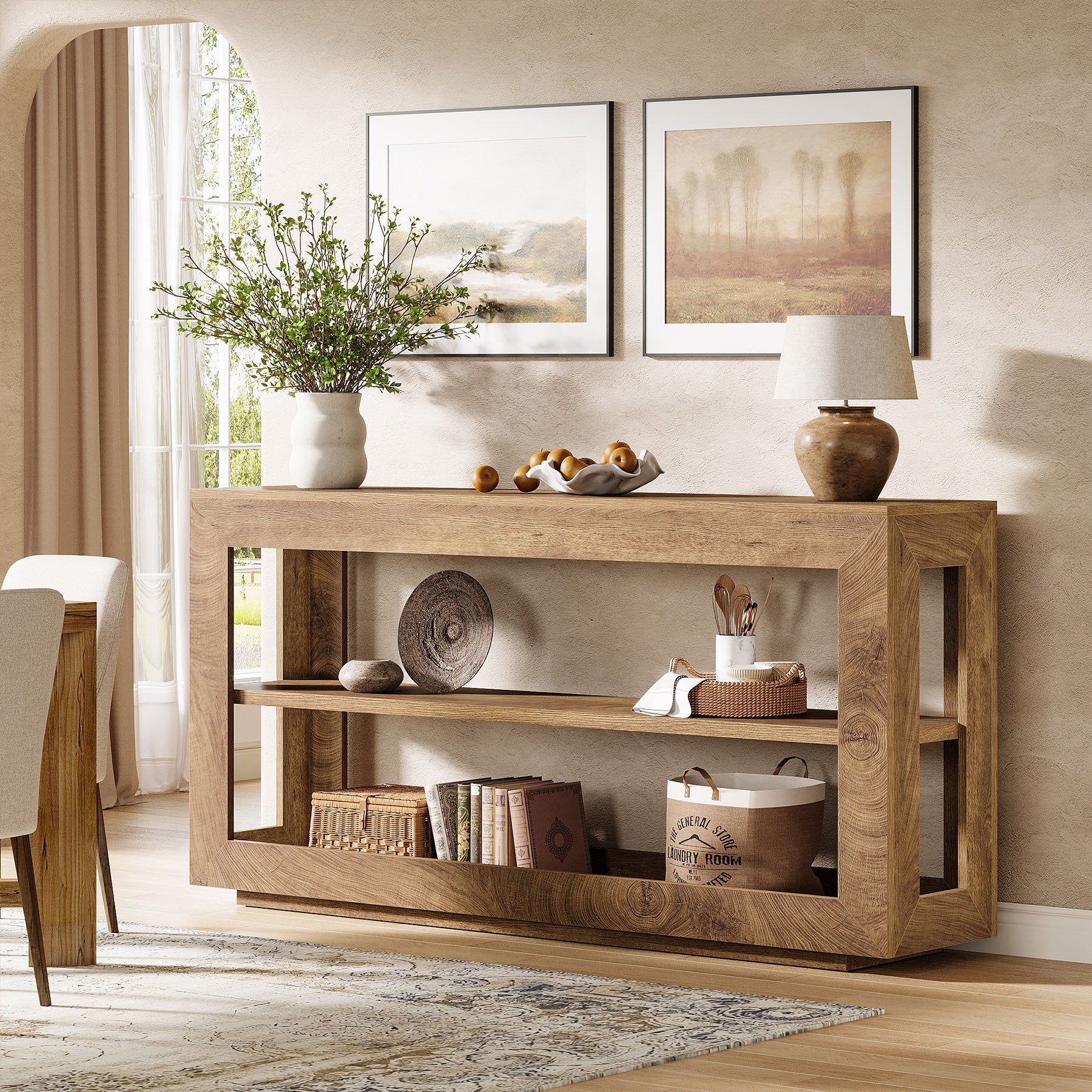 160 cm Consoletafel met 3 Lagen Opslag, Landelijke Haltafel voor Woonkamer Gang Bruin