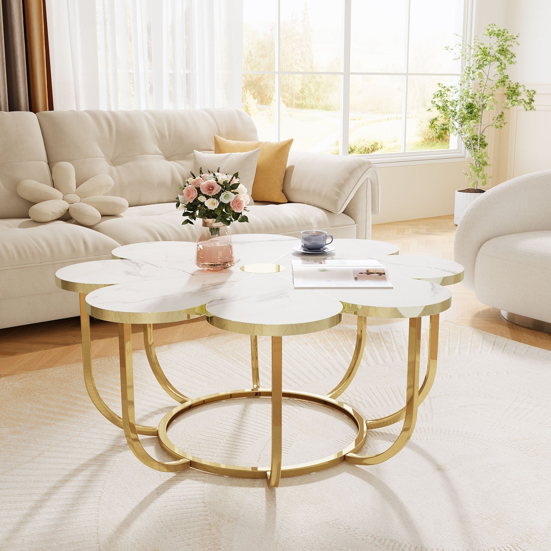100 cm Witte Salontafel, Met Gouden Bloemenpoot en Imitatiemarmeren Blad