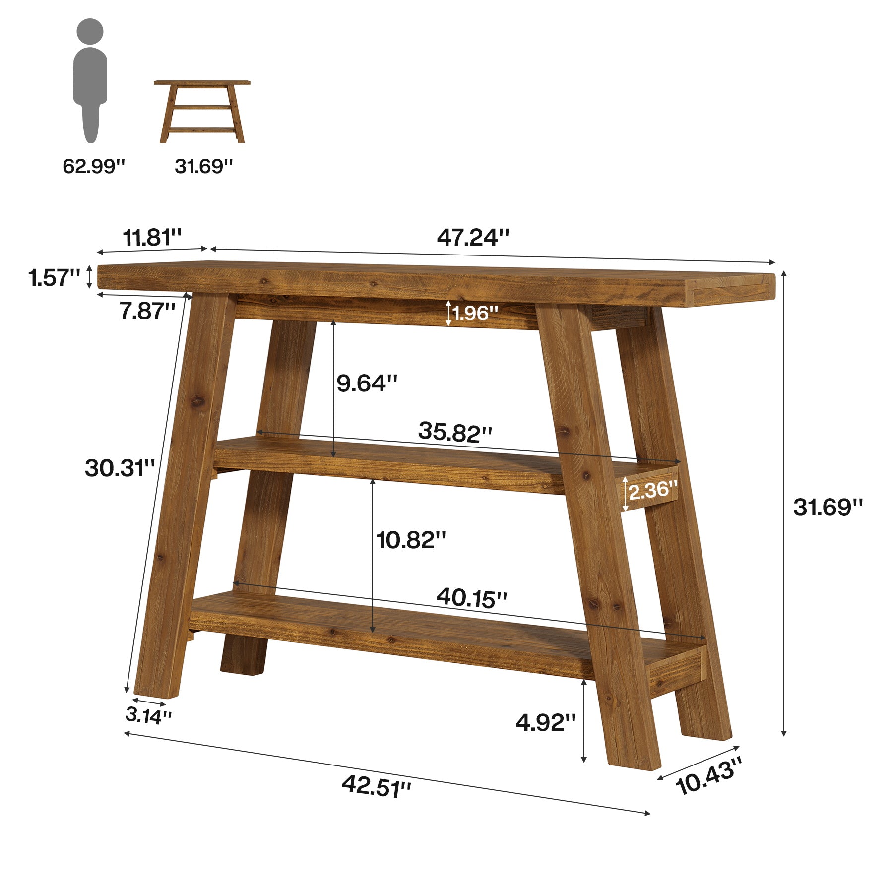 120 cm Tribesigns Massief Houten Consoletafel met 3 Niveaus, Smalle Boerderijstijl Entreetafel voor Hal en Woonkamer