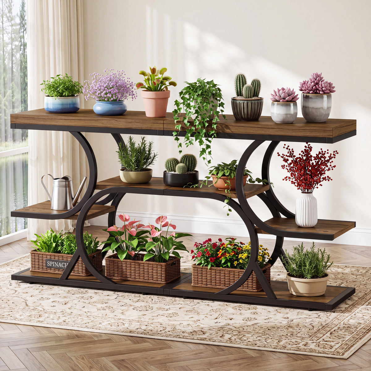 60 cm smalle bijzettafel met 4-laags open opbergrek en industrieel ontwerp, sidetable voor woonkamer en slaapkamer