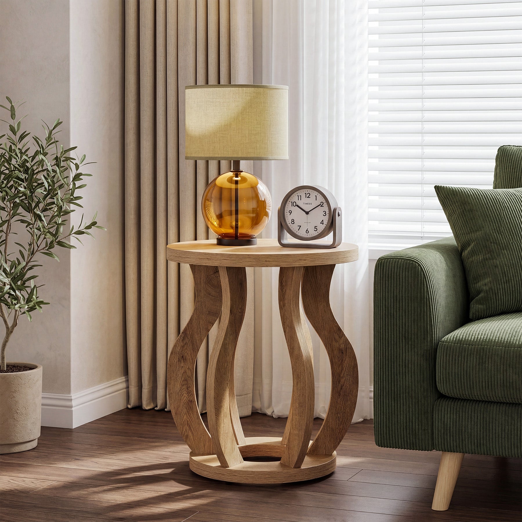 61 cm Ronde Houten Bijzettafel, Farmhouse Nachtkastje met Gebogen Frame