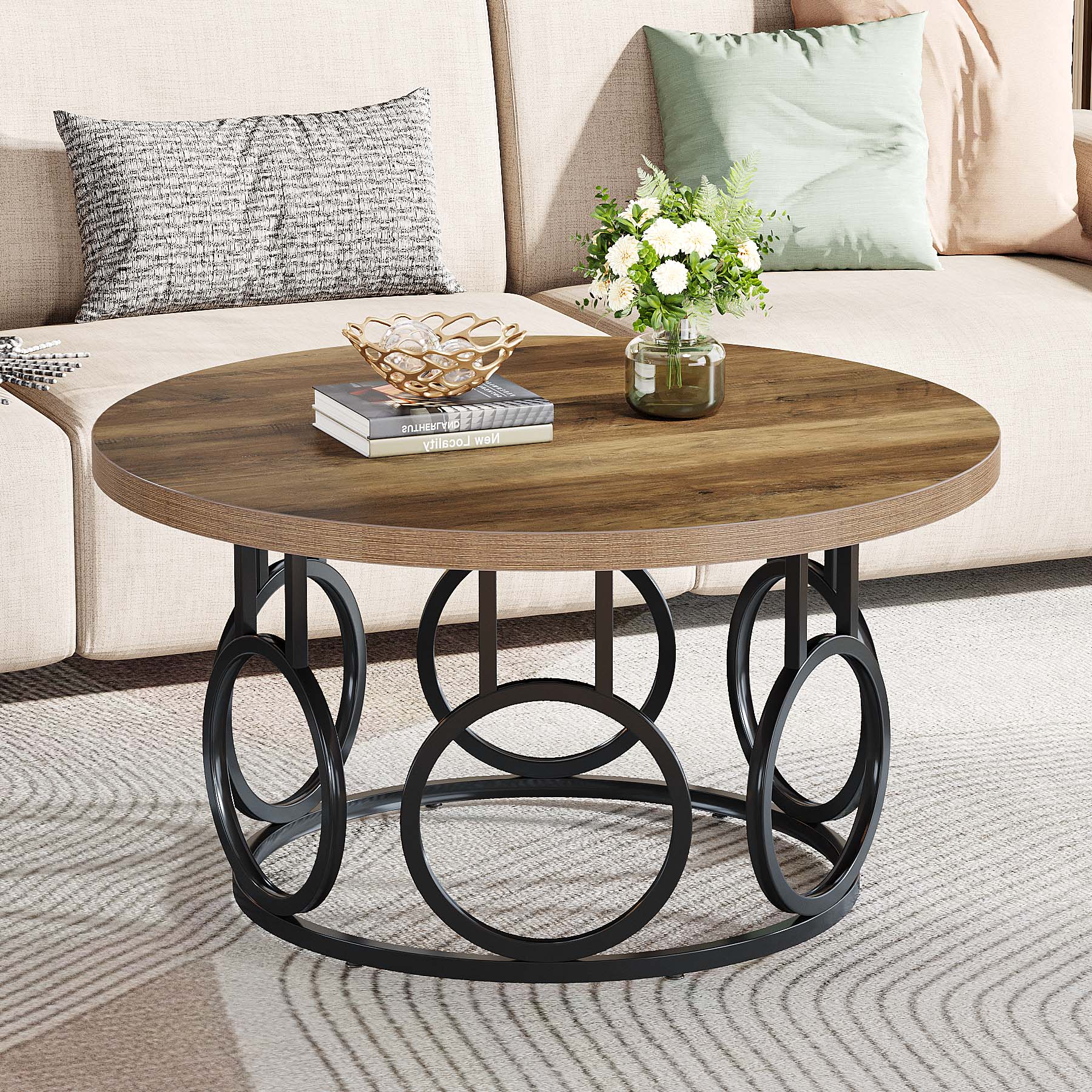 Ronde Salontafel 80 × 80 × 45 cm in Rustiek Hout, Moderne Industriële Tafel met Metalen Onderstel