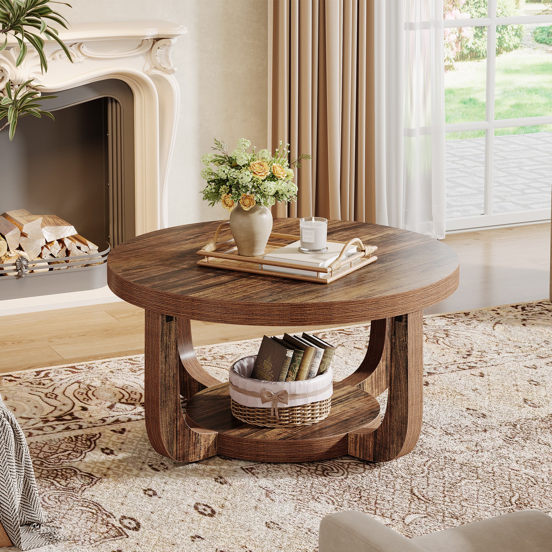 Ronde Salontafel van 80 cm met 2 Lagen en Opbergruimte, Moderne Houten Accenttafel in Rustiek Bruin voor Woonkamer