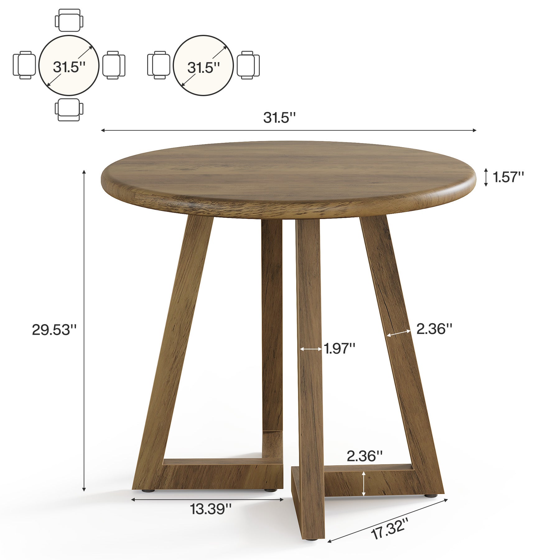 80 cm Ronde Eettafel, Bruine Keukentafel voor Twee tot Vier Personen