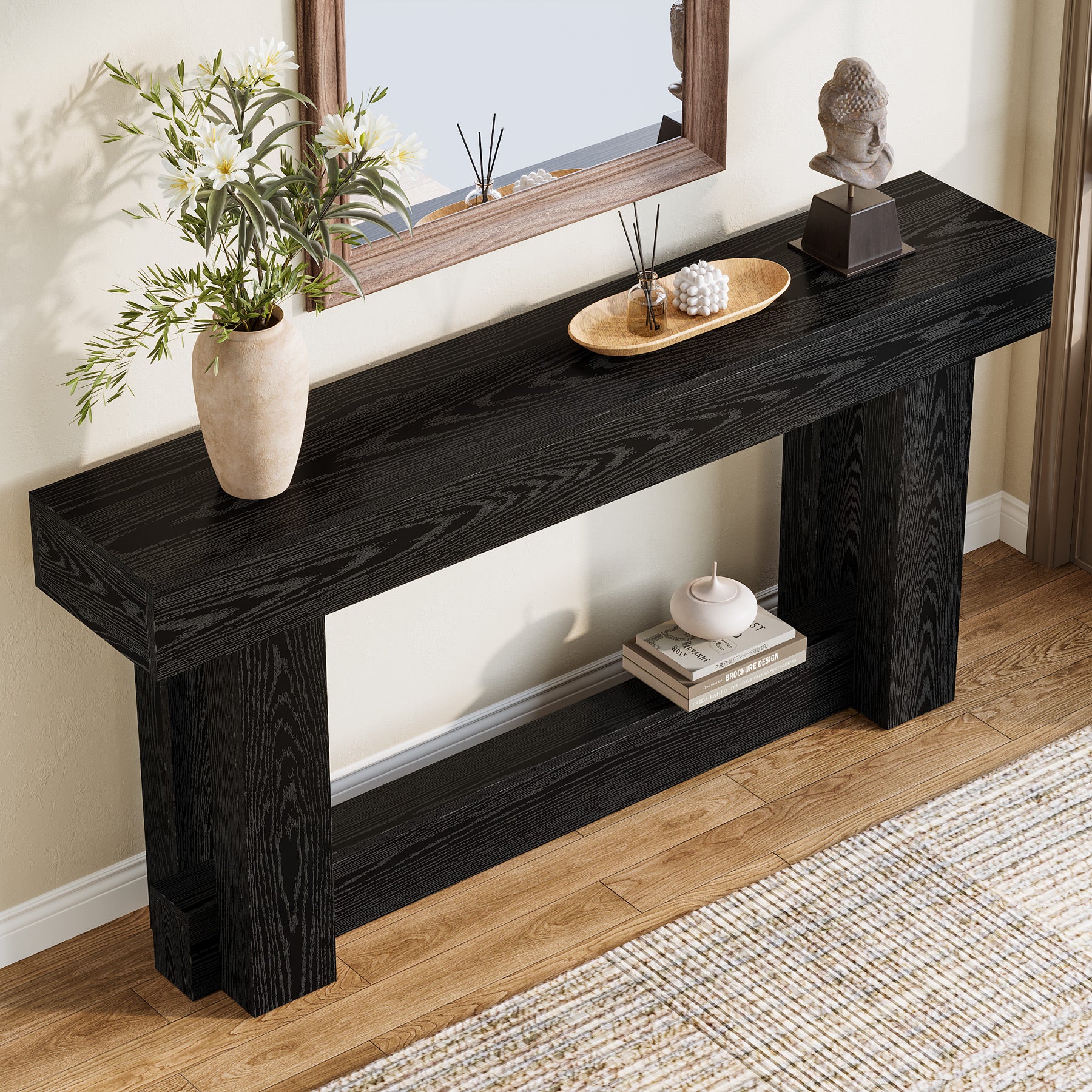 160 cm Lange Consoletafel met Opbergruimte, Tweelaags Bijzettafel in Warmbruin achter de Bank