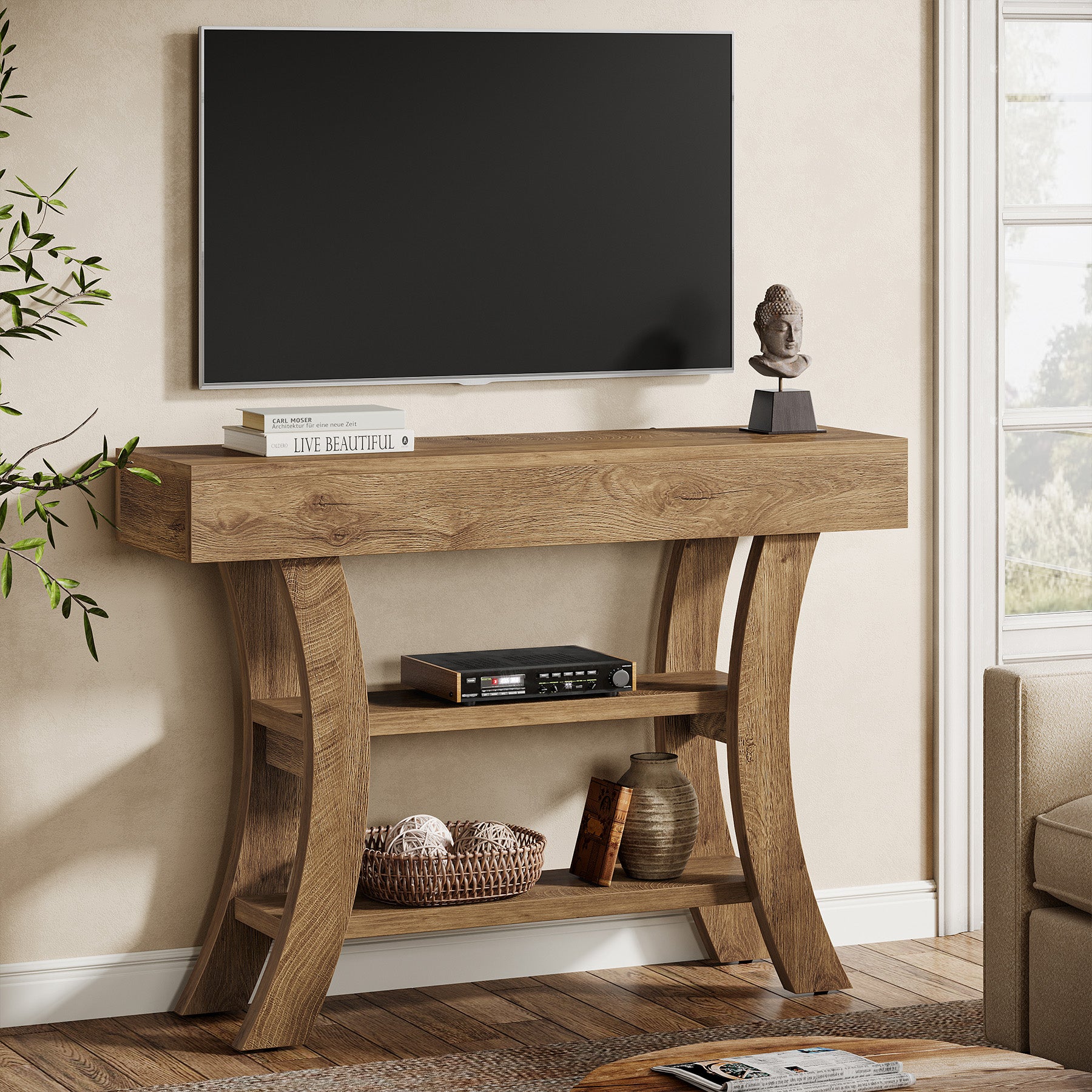 105 cm Landelijke Consoletafel, Drieplanken Salontafel met Gebogen Frame voor Hal
