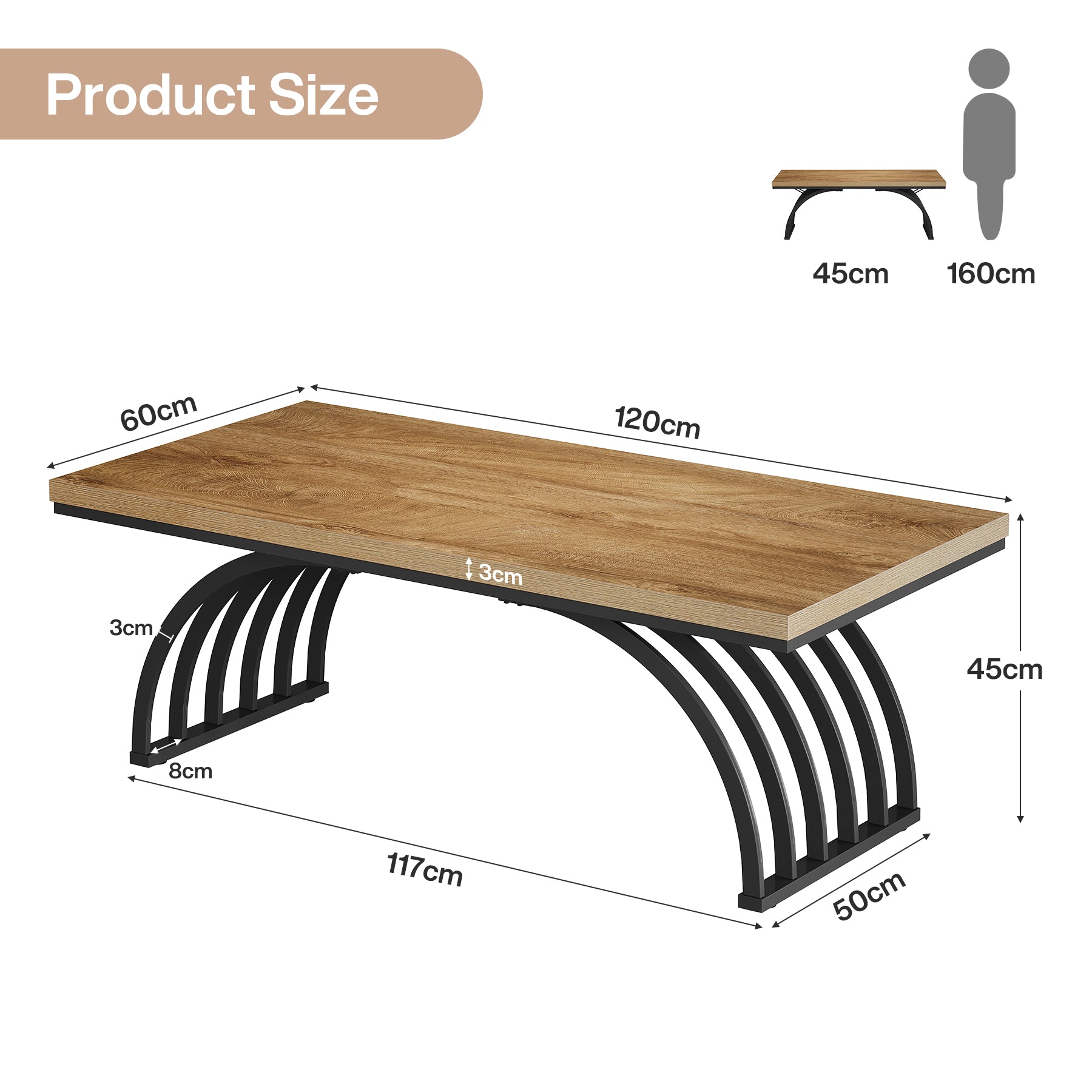 120 cm Rechthoekige Salontafel met Metalen Poten, Rustieke Houten Salontafel