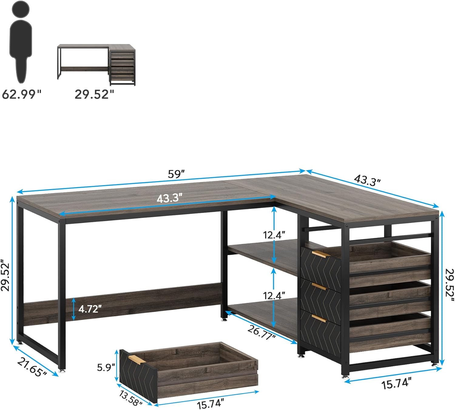 150 cm L-vormig Bureau, Met 4 Laden en 2 Planken voor Kantoor en Werkkamer