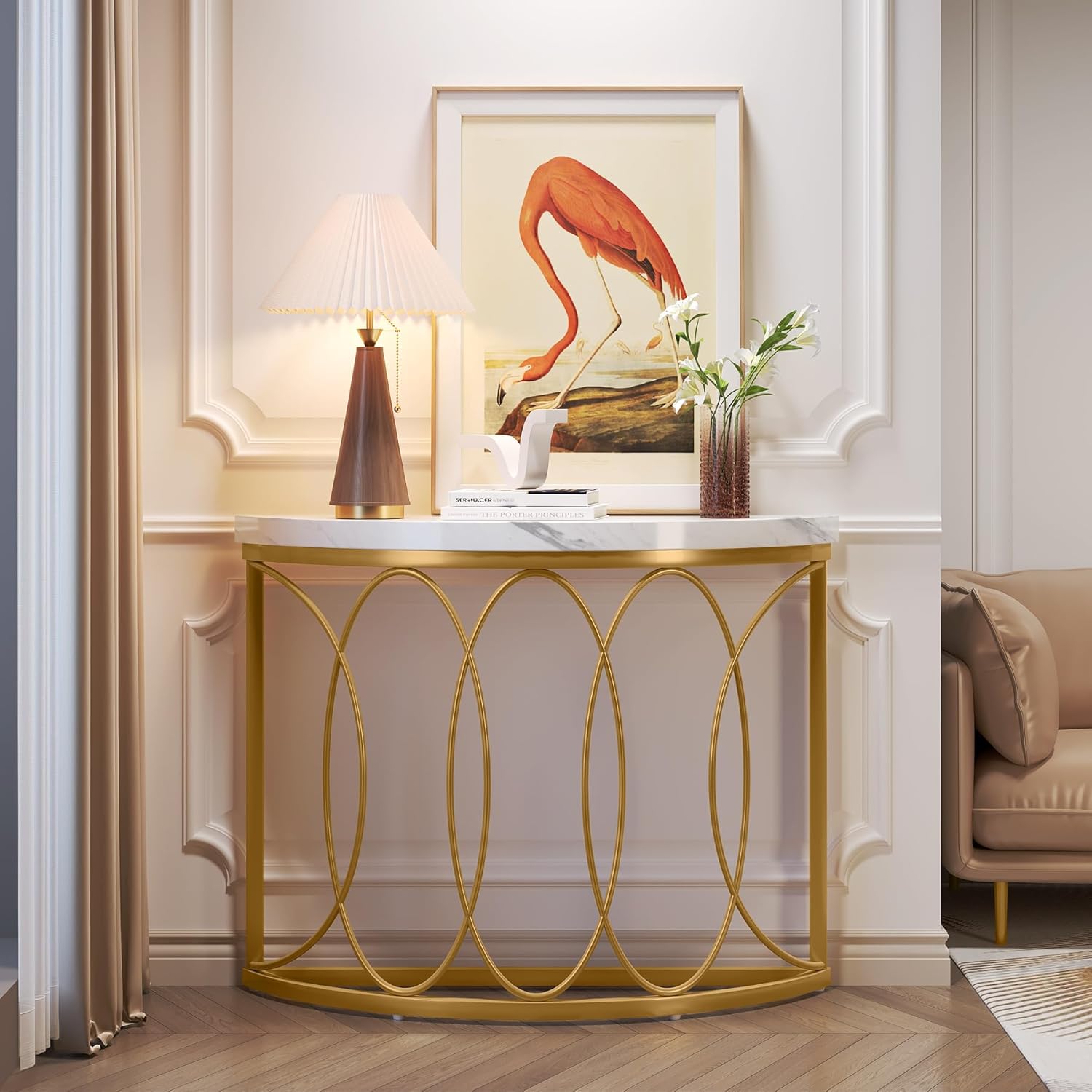 110 cm Gouden Consoletafel, Moderne Bijzettafel met Halvemaan Frame voor Woonkamer