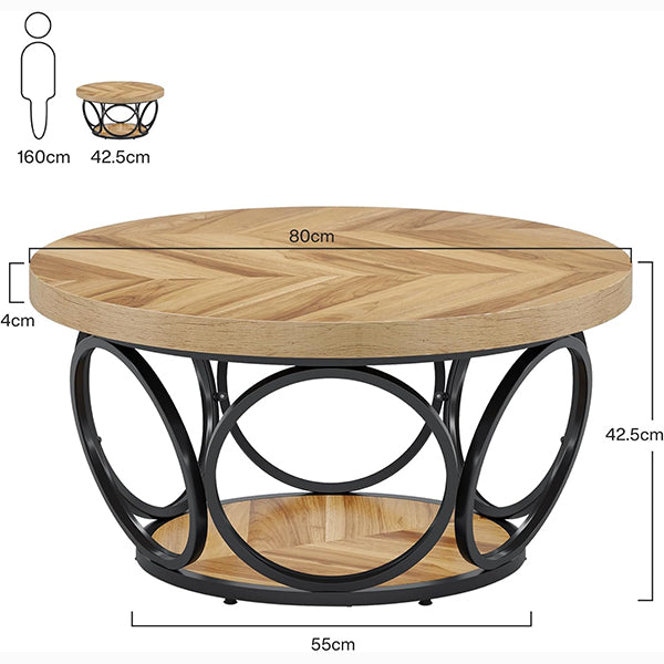 80 cm Ronde Salontafel, Landelijke Tafels met Dubbele Opbergplanken in Houtstructuur