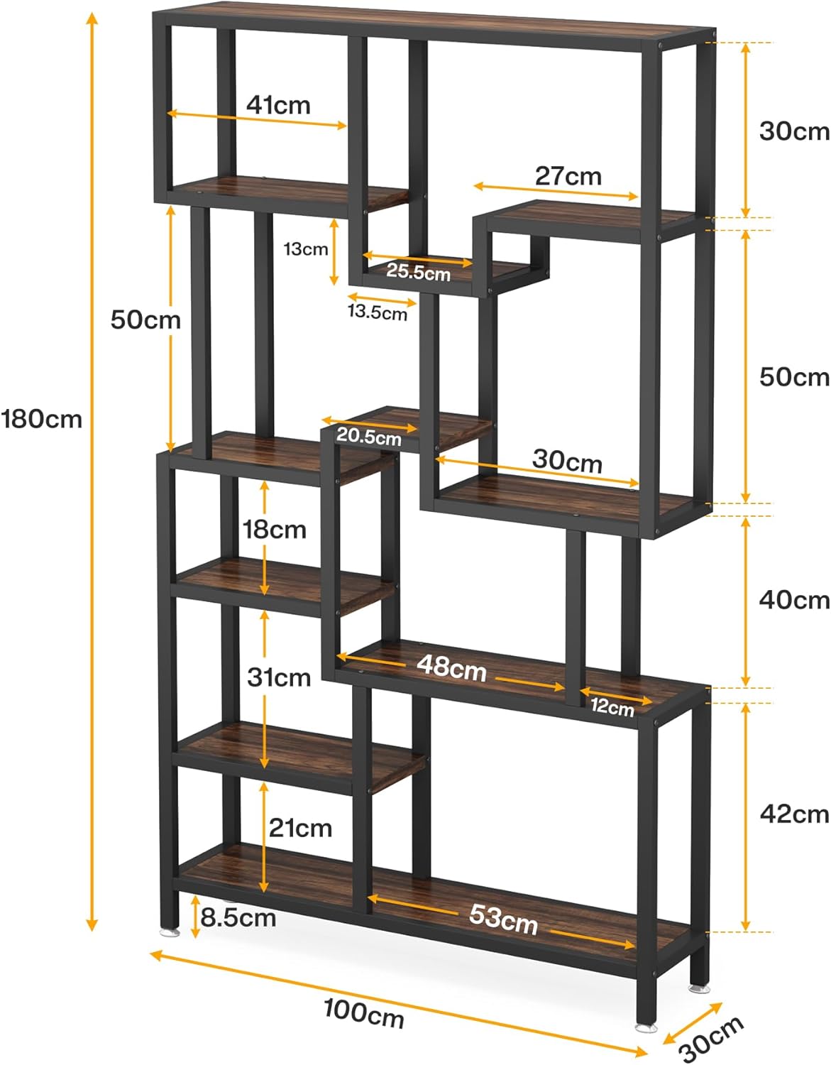 180 cm Hoge Boekenkast, Industriële Boekenplank met Zeven Open Planken voor Woonkamer