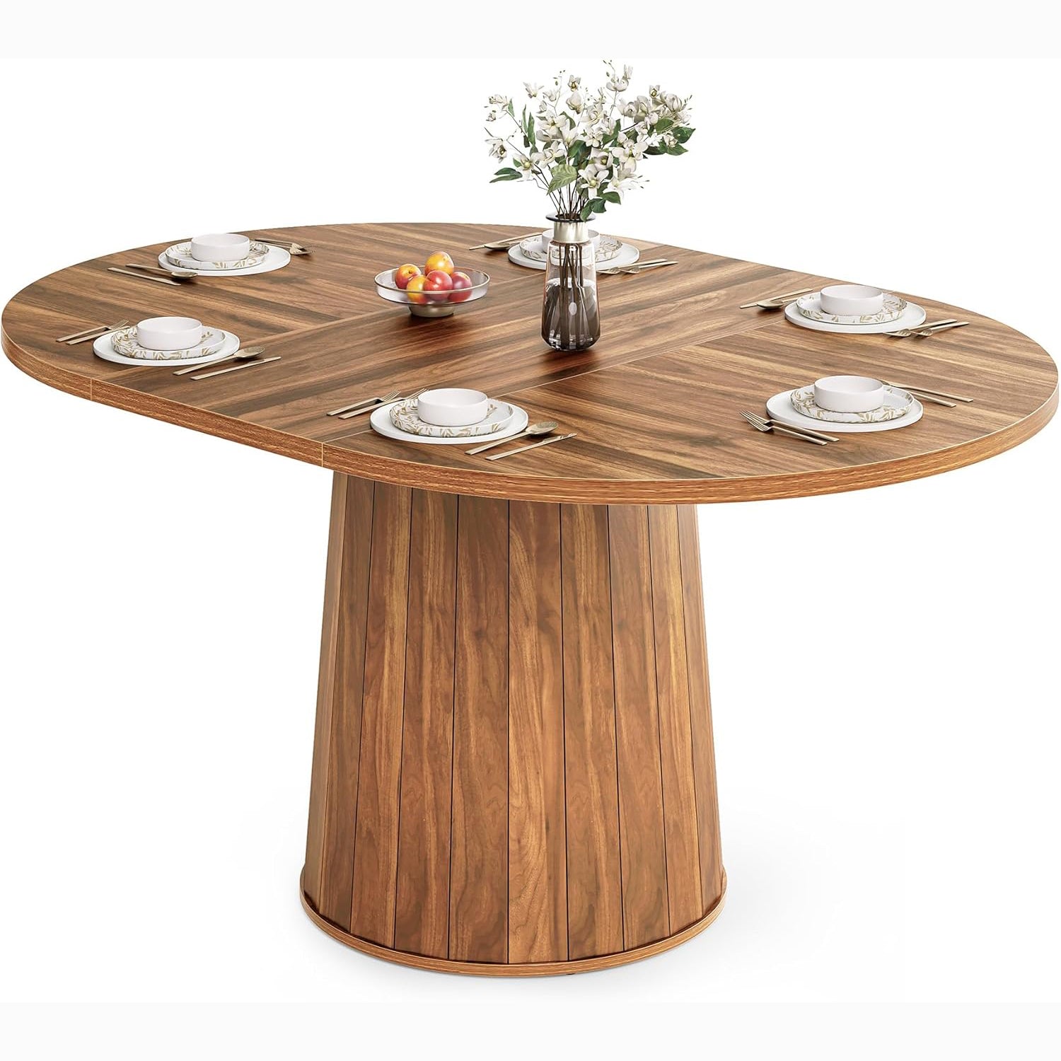 140 cm Ovale Eettafel voor 6 Personen, Boerderijstijl met Massief Houten Blad en Cilindrische Basis in Bruin