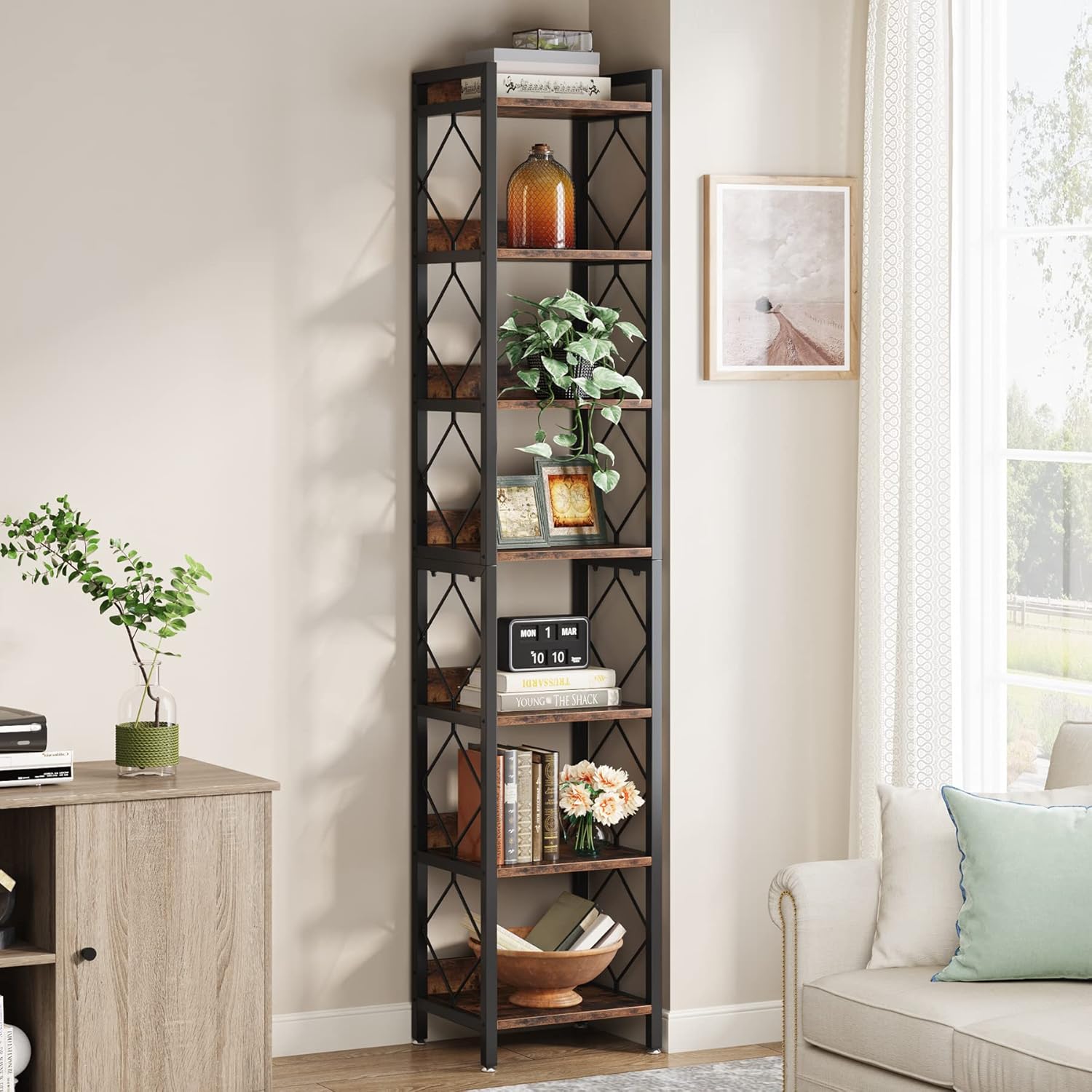 200 cm Hoge Boekenkast, Zeven Planken Opbergmeubel voor Kantoor en Woonkamer
