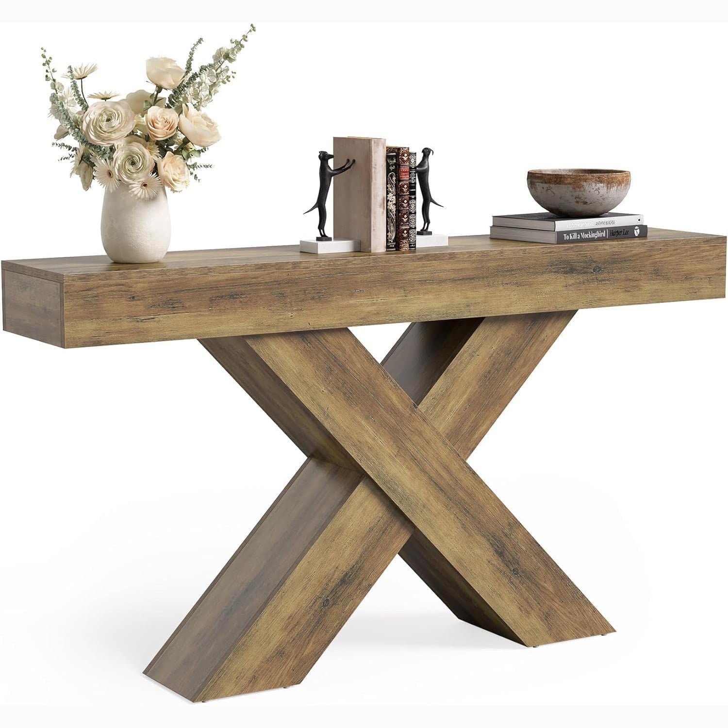 Landelijke consoletafel van 140 cm met X-frame, rustiek bruine haltafel voor woonkamer en entree