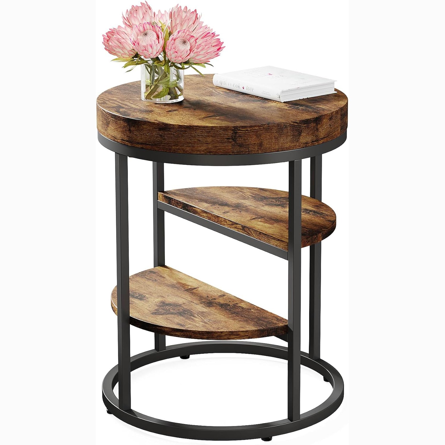 50 cm Ronde Bijzettafel met 3 Opbergplanken, Industriële Sofa- en Nachtkasttafel in Rustiek Bruin