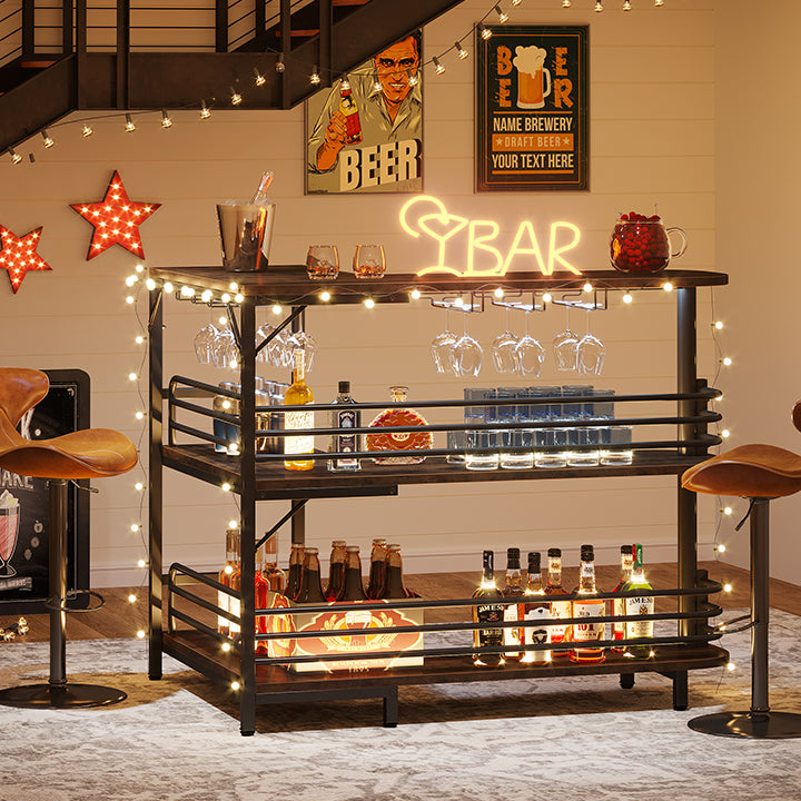 120 cm L-vormige Homebar, Industriële Hoekbar met 3 Planken en Wijnrek in Landelijk Bruin