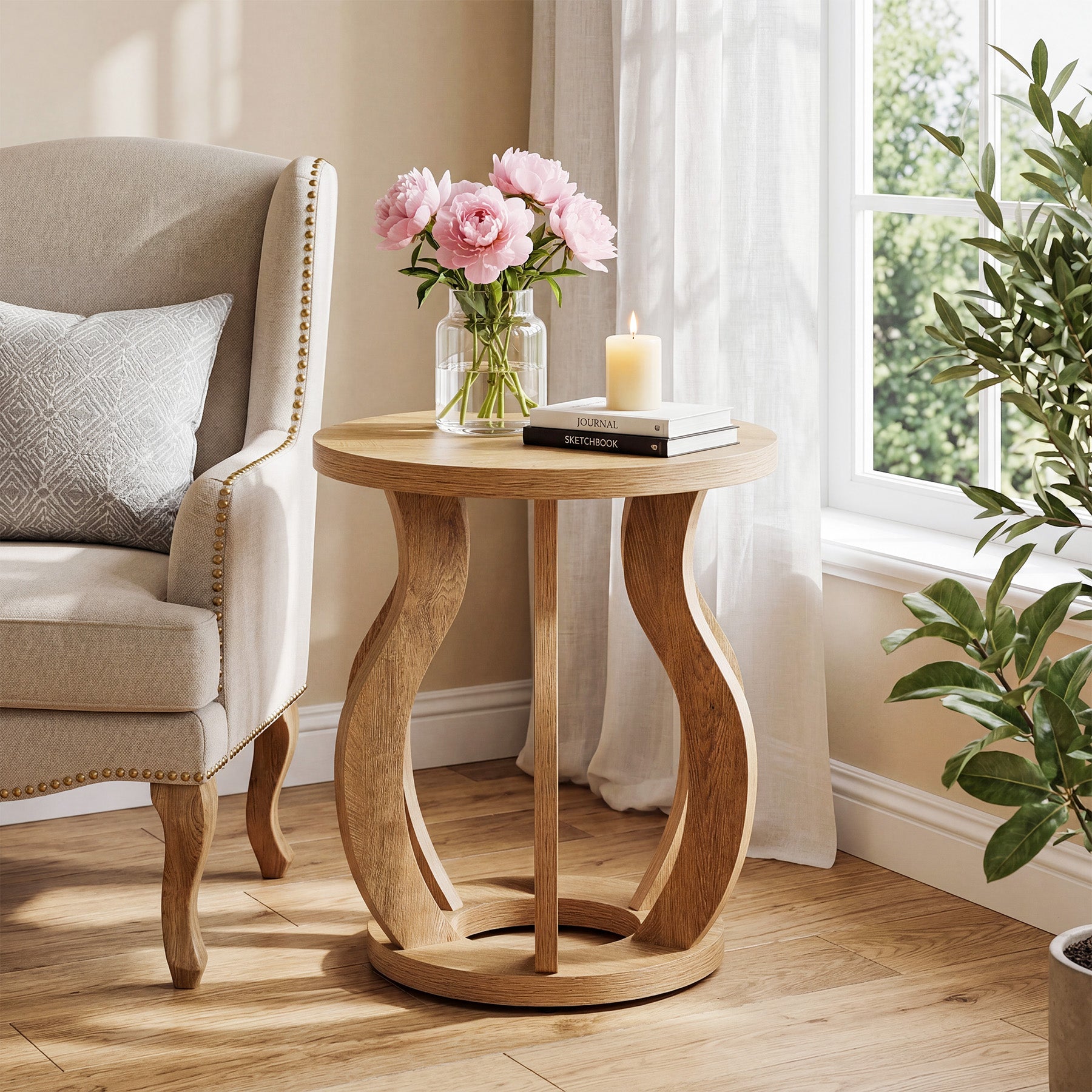 61 cm Ronde Houten Bijzettafel, Farmhouse Nachtkastje met Gebogen Frame