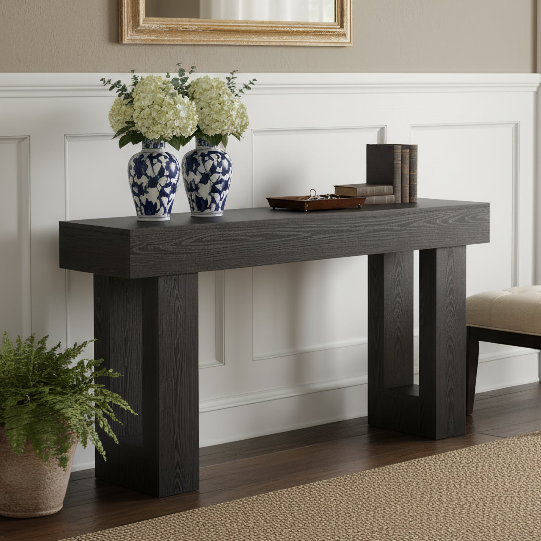 160 cm Landelijke Consoletafel met Massief Houten Poten, Houten Sofa-tafel voor Hal en Woonkamer