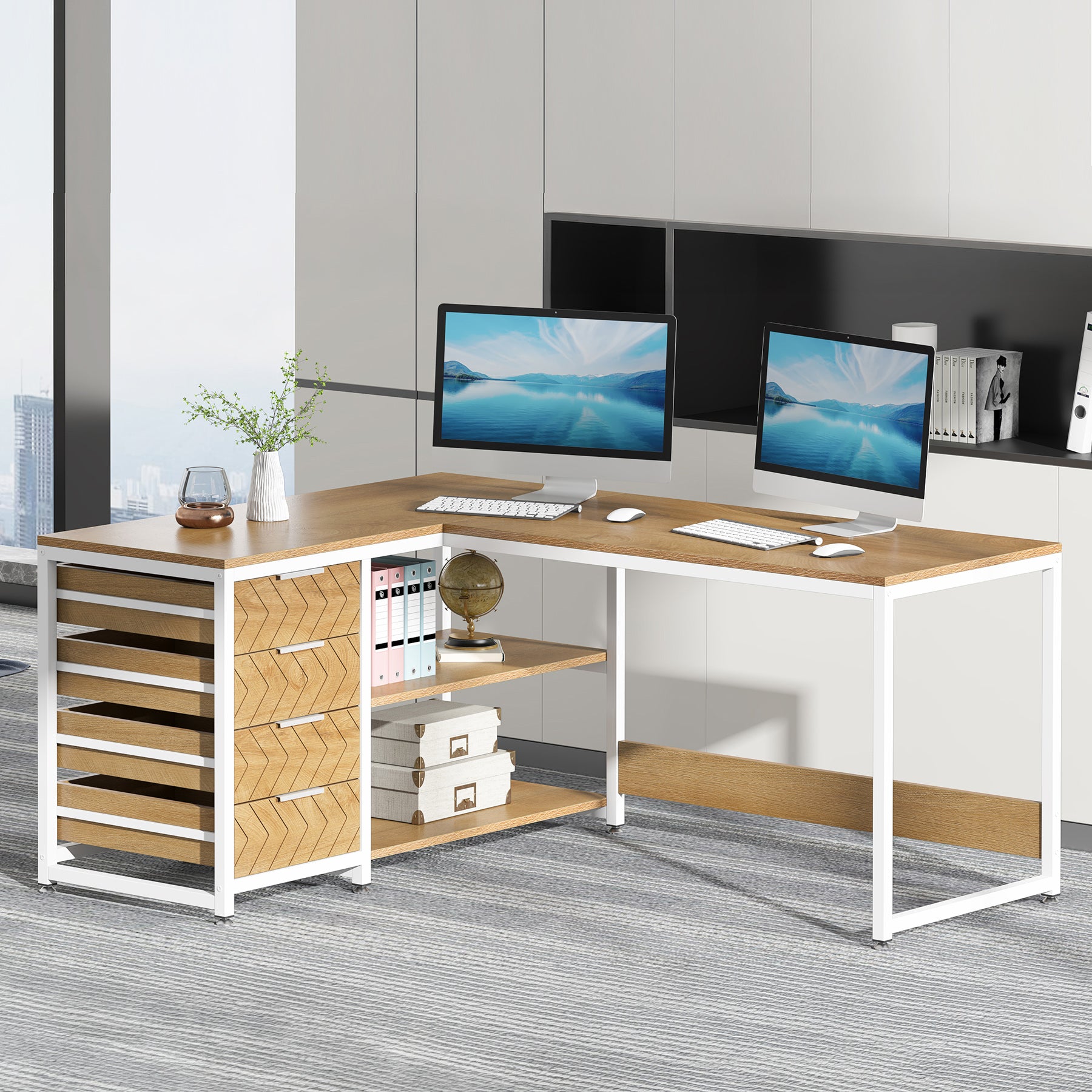 150 cm L-vormig Bureau, Met 4 Laden en 2 Planken voor Kantoor en Werkkamer