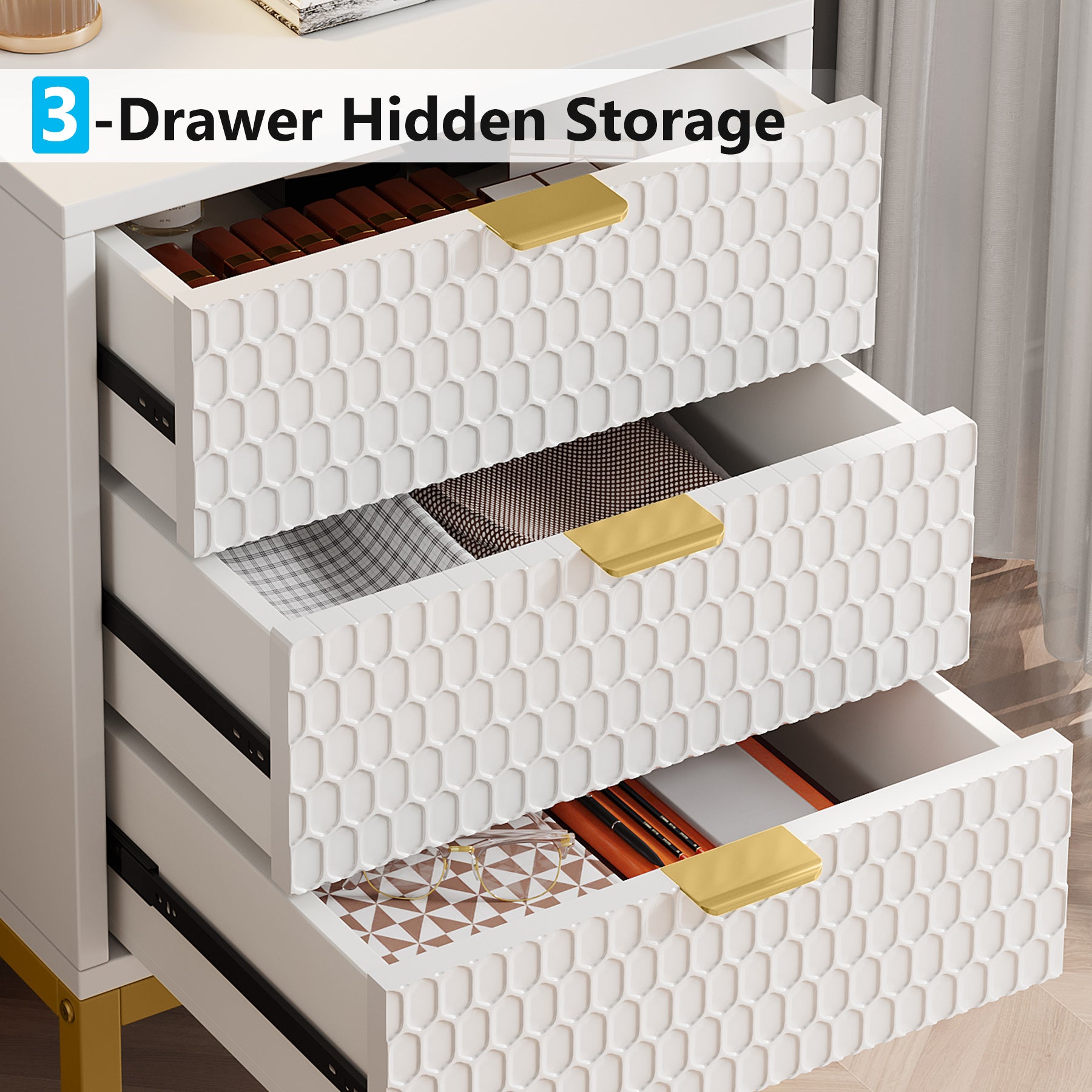 Moderne Nachtkast met 3 Lades, Handige Bedside Bijzettafel met Opbergruimte voor Slaapkamer