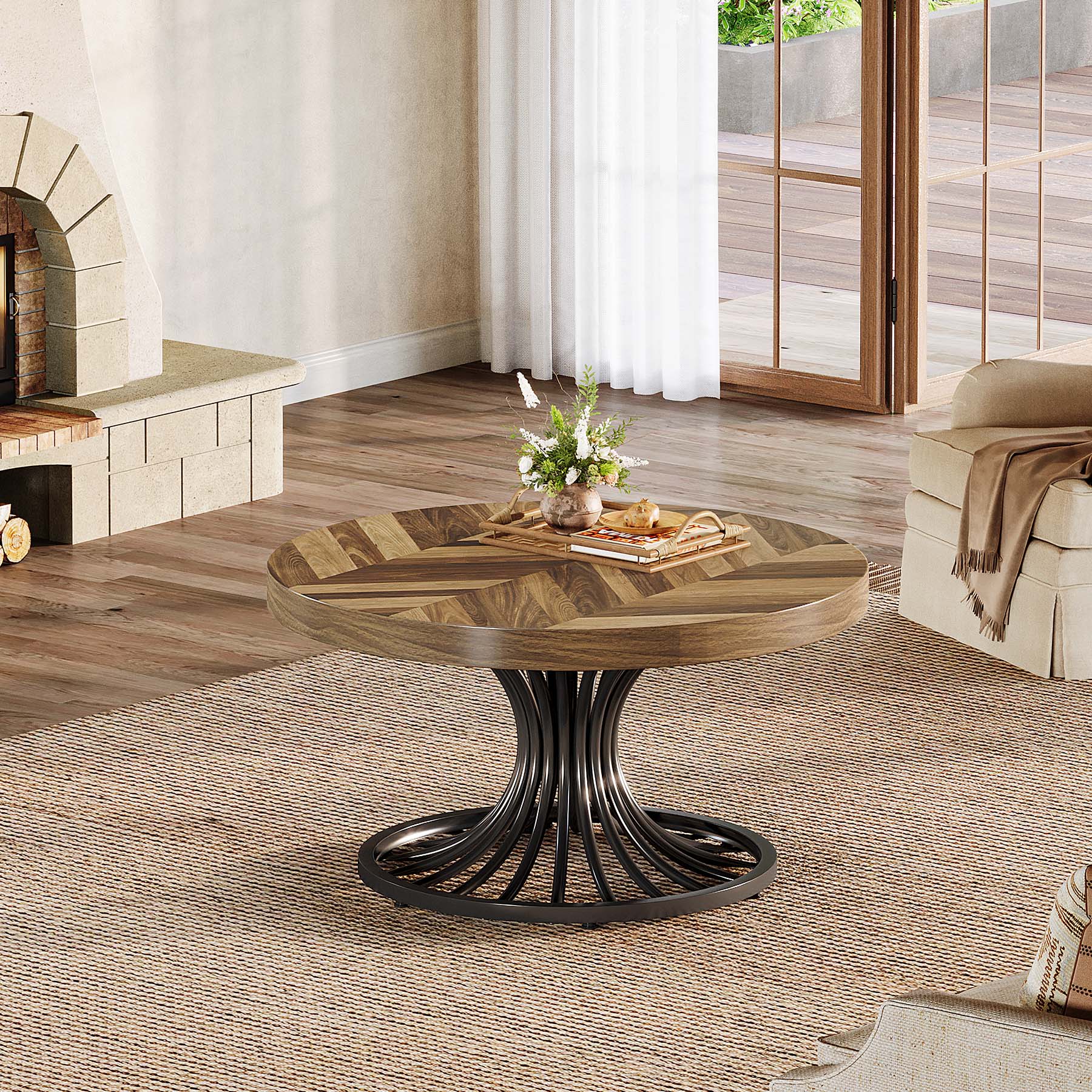 79 cm Ronde Salontafel van Hout, Landelijke Koffietafel met Metalen Sokkel voor Woonkamer