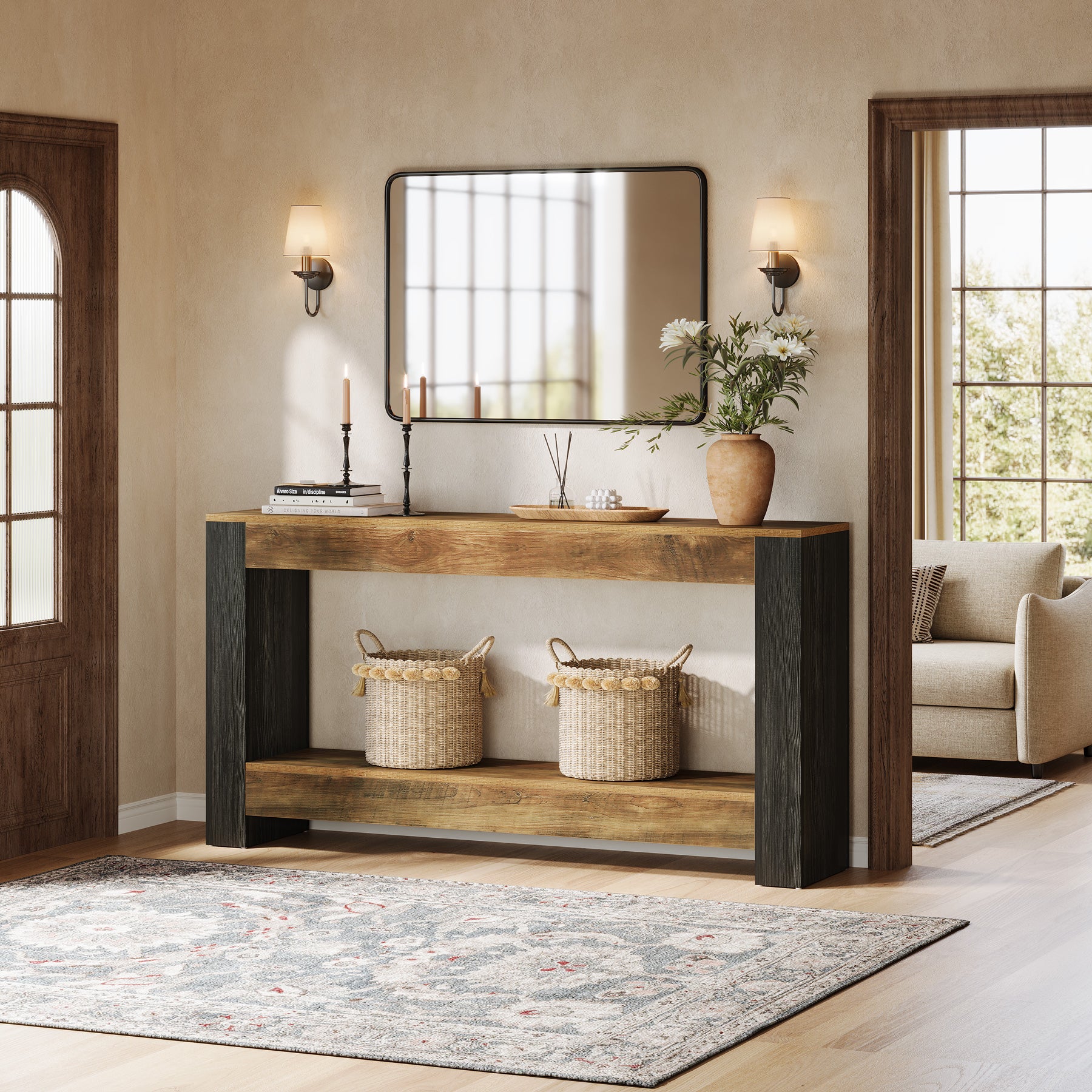160 cm Landelijke Consoletafel in Rustiek Bruin en Zwart, Houten Sofa- en Haltafel voor Woonkamer en Entree