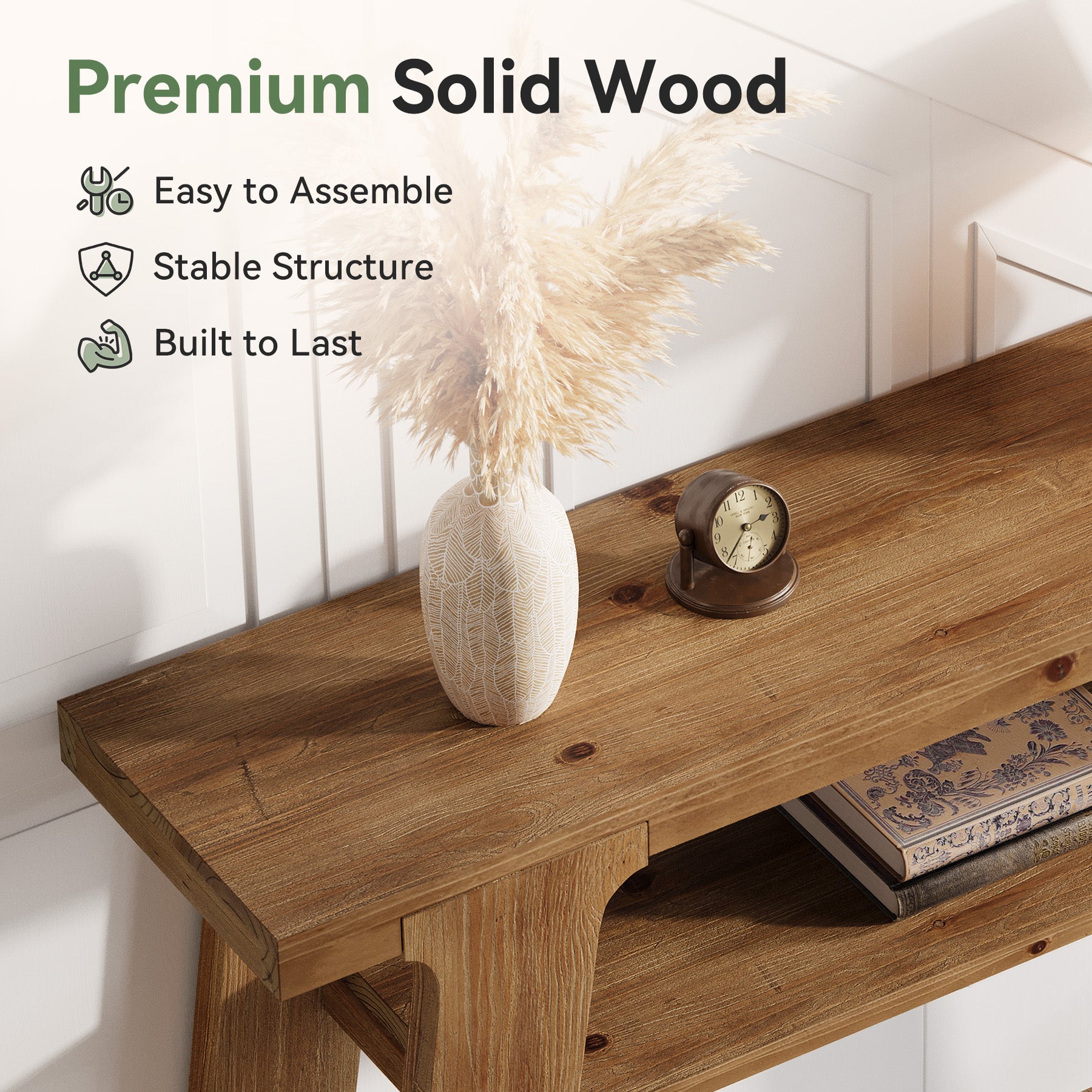 120 cm Houten Consoletafel, Massief Houten Bijzettafel met 2-Laden Opbergvak