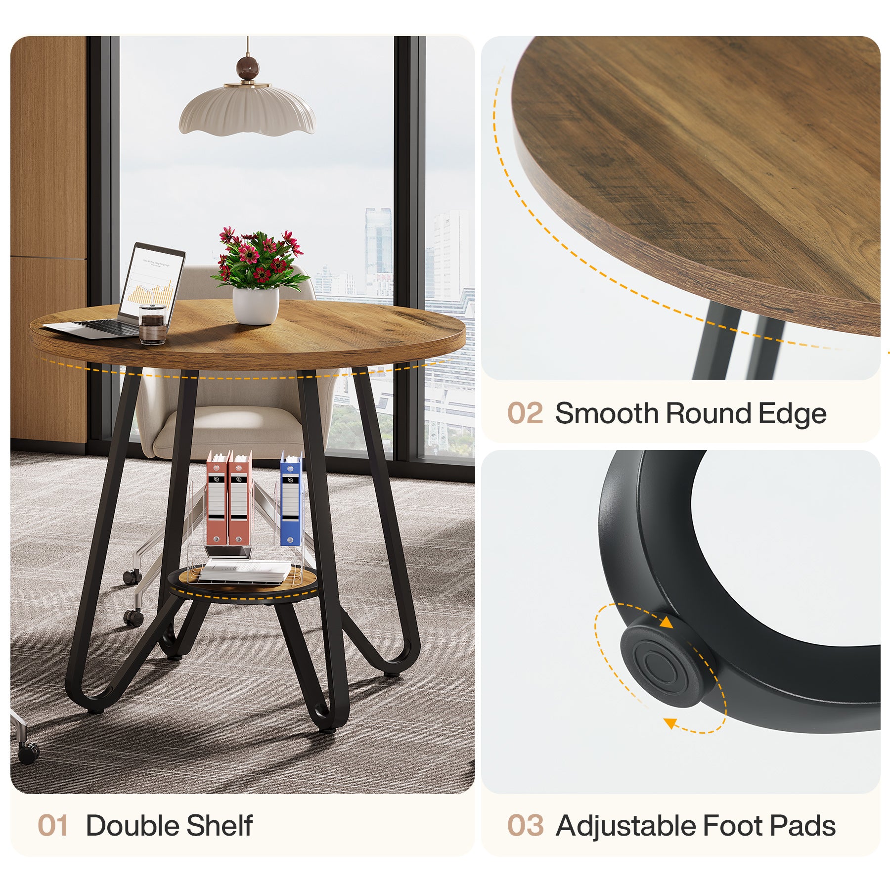 80 x 80 x 75 cm Ronde Conferentietafel voor 2-4 Personen, Compacte Houten Kantoortafel Bruin