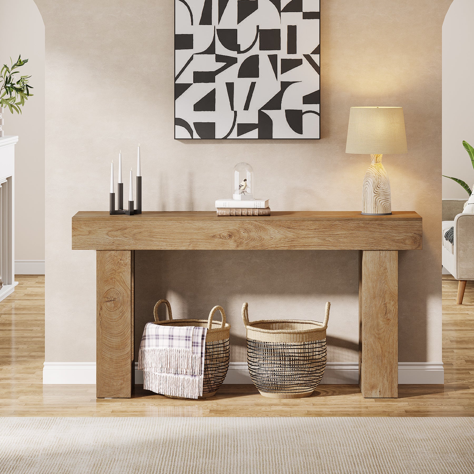 160 cm Landelijke Consoletafel, Natuurhouten Salontafel voor Hal en Woonkamer