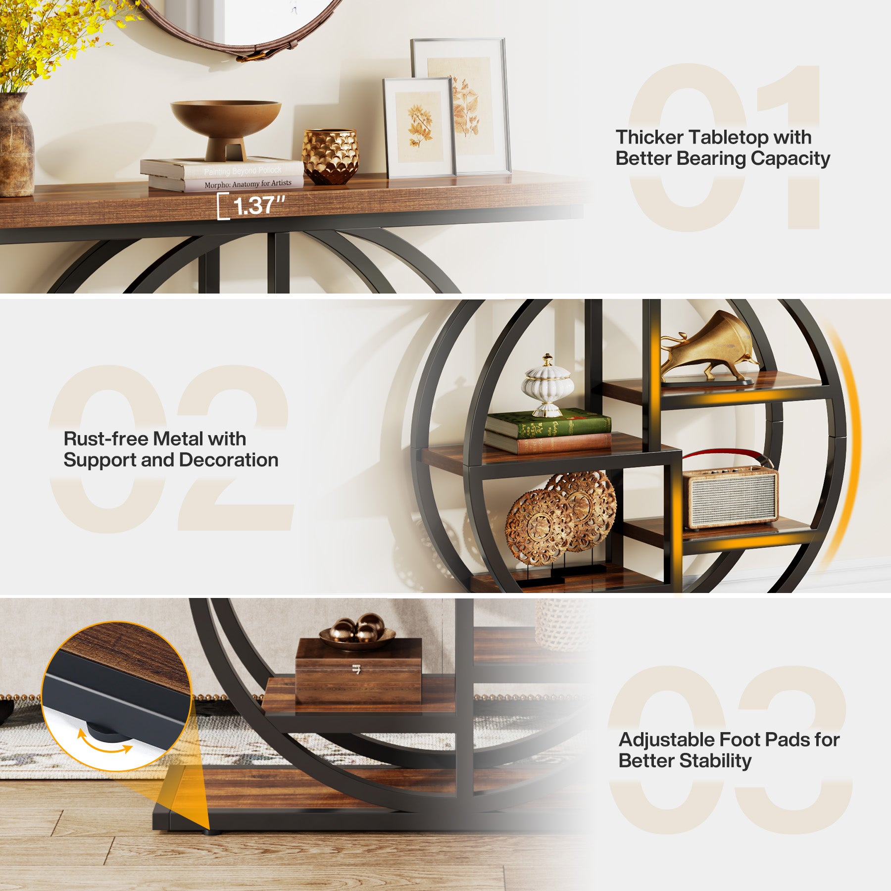 105 cm Industriële Console, 6 Etages met Rond Onderstel en Opbergplanken