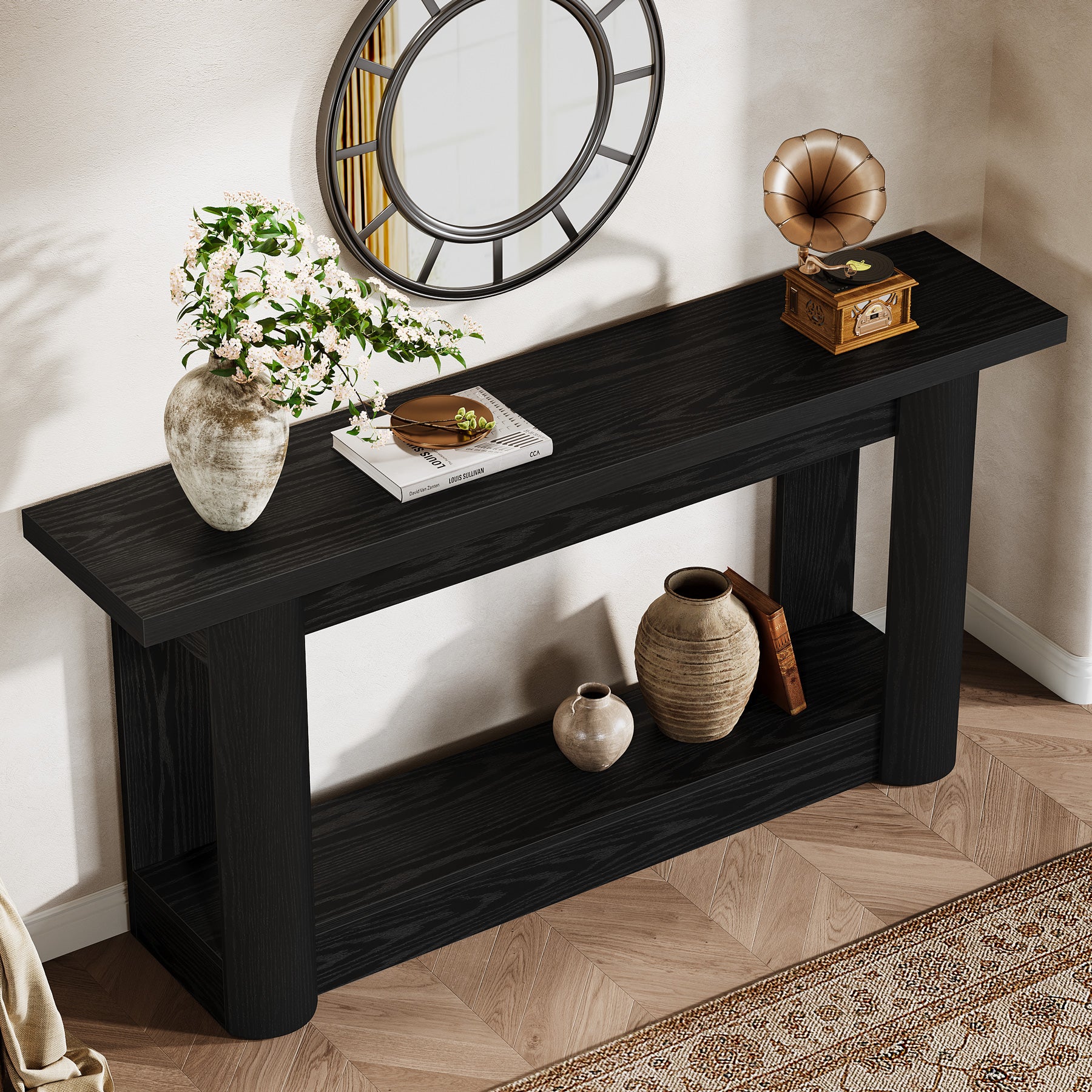 160 cm Landelijke Console met 2 Planken, Smalle Lange Salontafel in Rustiek Bruin voor Hal en Entree